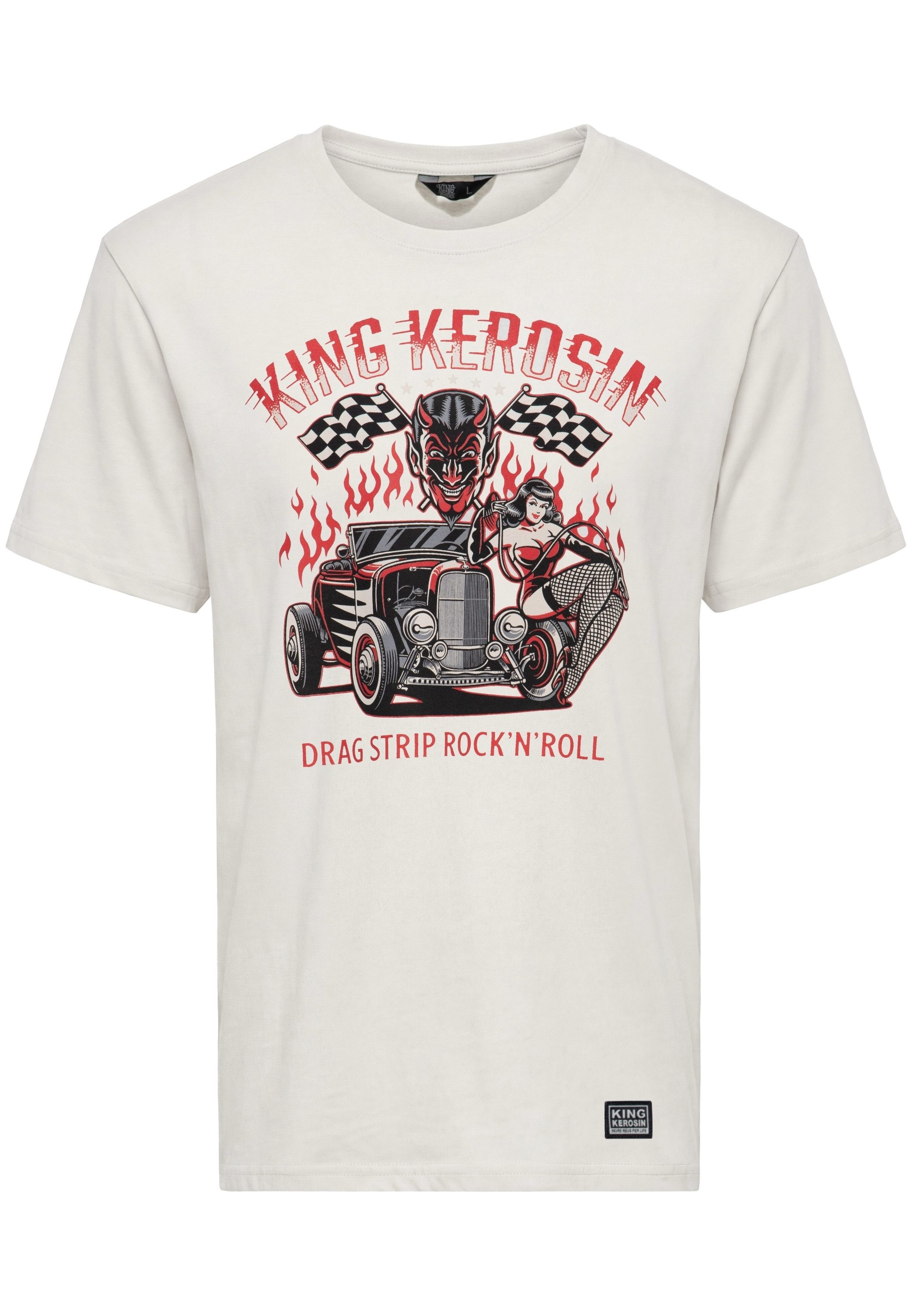KingKerosin Print-Shirt Dragstrip Großflächiger Frontprint mit Teufel- und Pin-up-Motiv