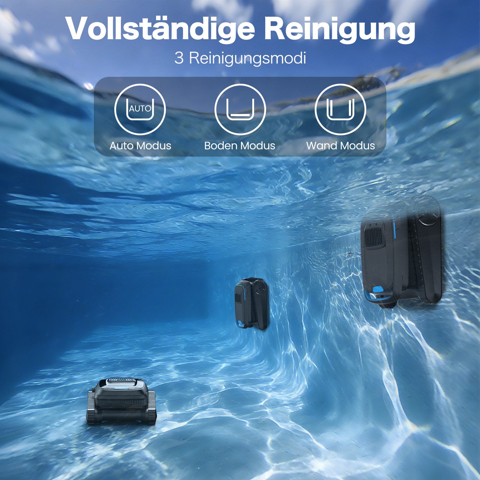 AIRROBO Poolroboter (2026Upgrade)kabelloser Poolroboter starker automatischer Poolreiniger, (groBer 4L Filterkorb, 120 Min Laufzeit, Geeignet für die Reinigung von Böden, Wänden, Wasserlinie), 45.000 Pa starke Saugkraft, 2 Jahr Garantie