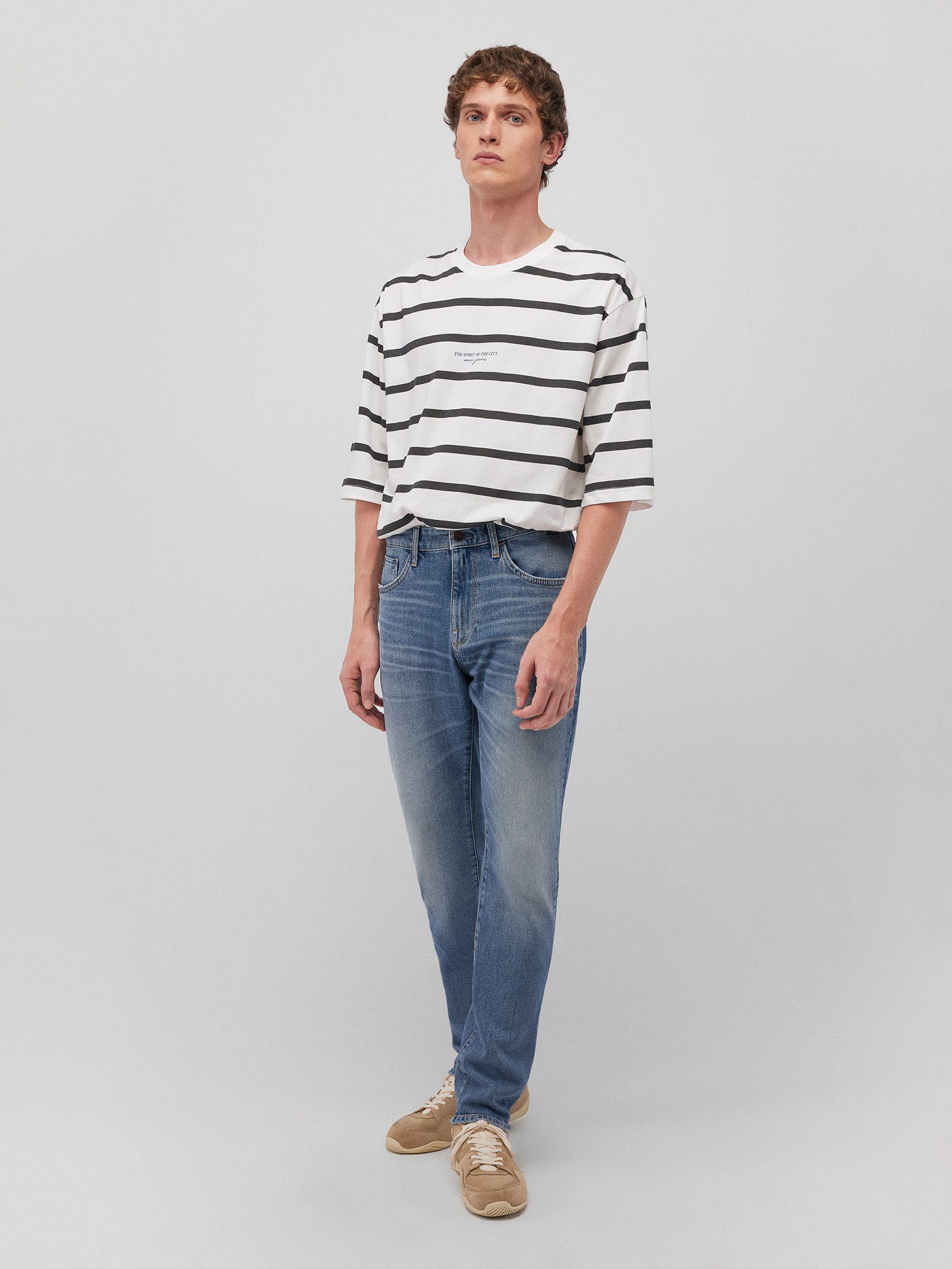 Mavi T-Shirt Gestreiftes Halbarm-Oberteil mit Print Oversized für Baumwolle Loose Fit Rundhals Halbe Ärmel gestreift