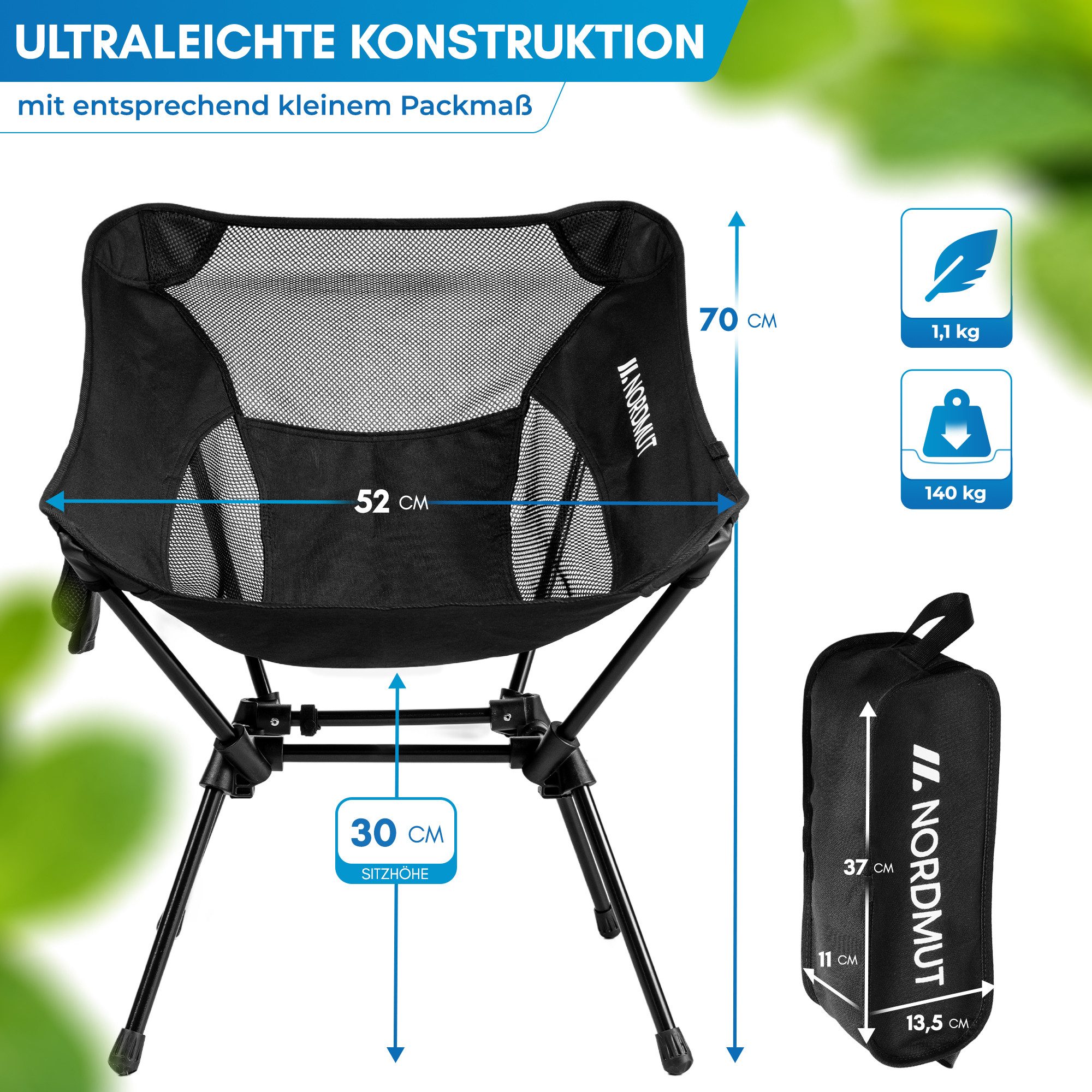 Nordmut Campingstuhl faltbar ultraleicht, klappbar leicht, Camping Outdoor, Angeln (Spar-Set, 1 St), kleines Packmaß, 140 kg belastbar, Aluminium, bequem, Trekking, Strand