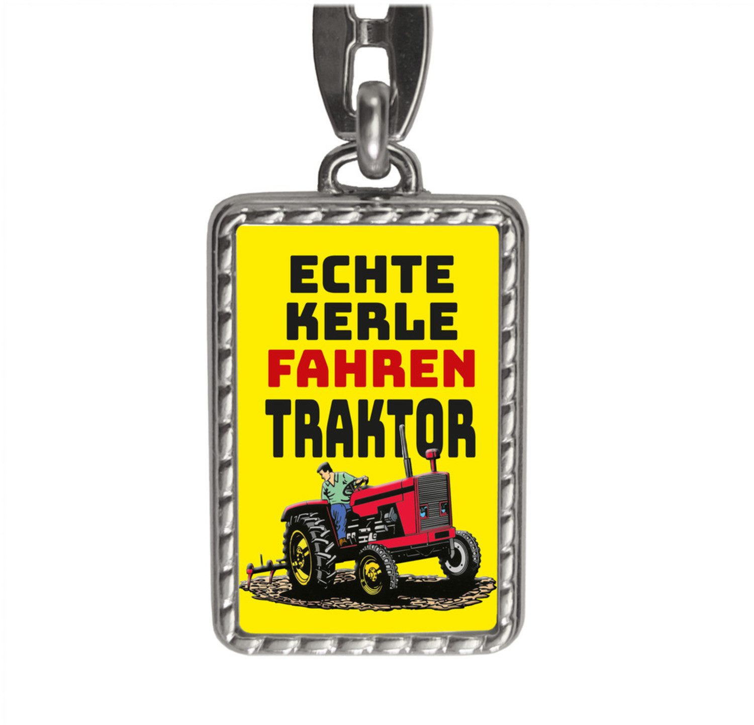 Schlüsselanhänger Echte Kerle fahren Traktor Schlüsselanhänger mit Bordüre in Gelb