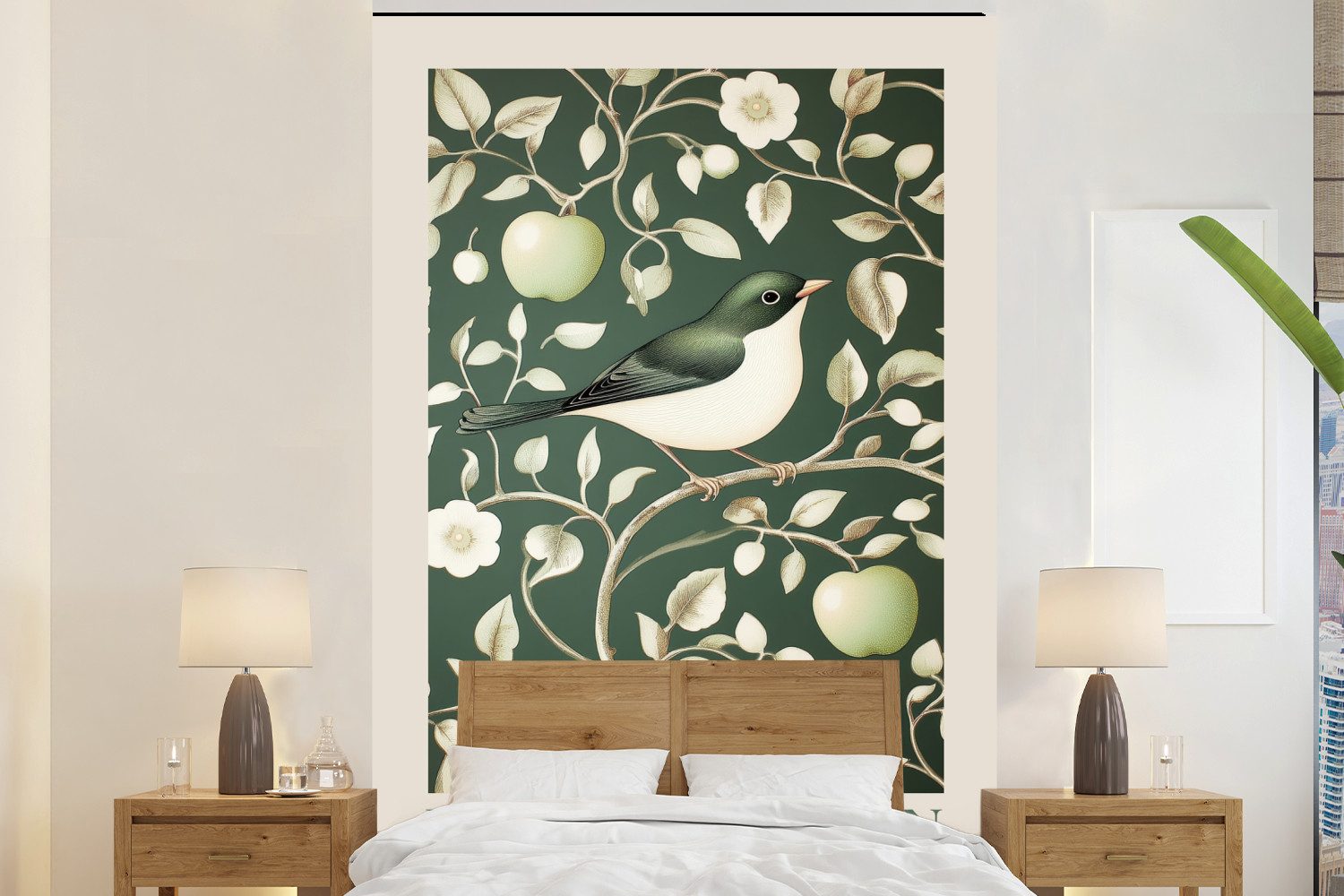 MuchoWow Fototapete Grün - Vogel - Blumen, Matt, bedruckt, Montagefertig Vinyl Tapete, Wandtapete, 145x220 cm
