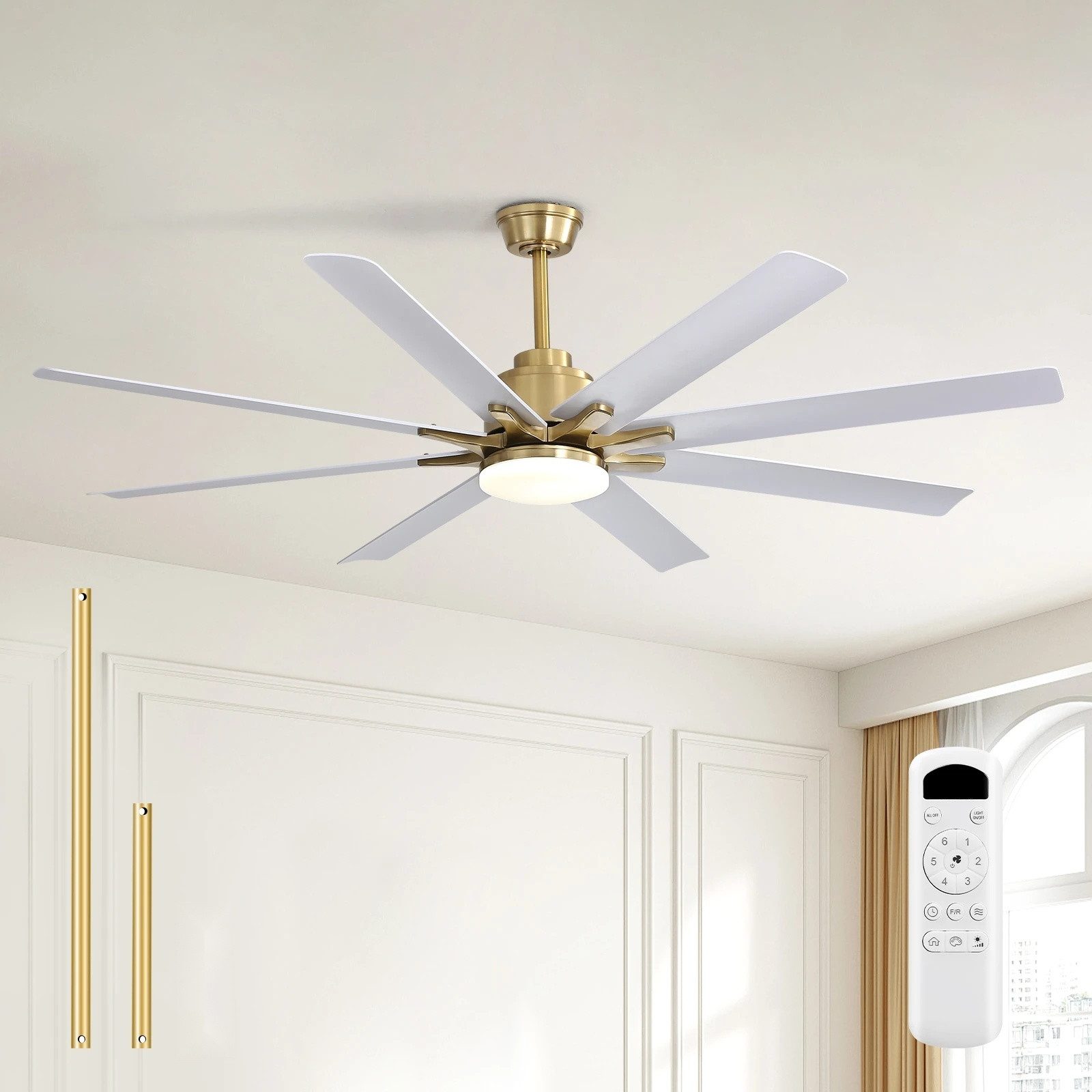 Sofucor Deckenventilator mit Licht und Fernbedienung, 132 cm, 8 ABS-Flügel, 8 weiße ABS‑Flügel, 1‑/4‑/8‑Stunden‑Timer