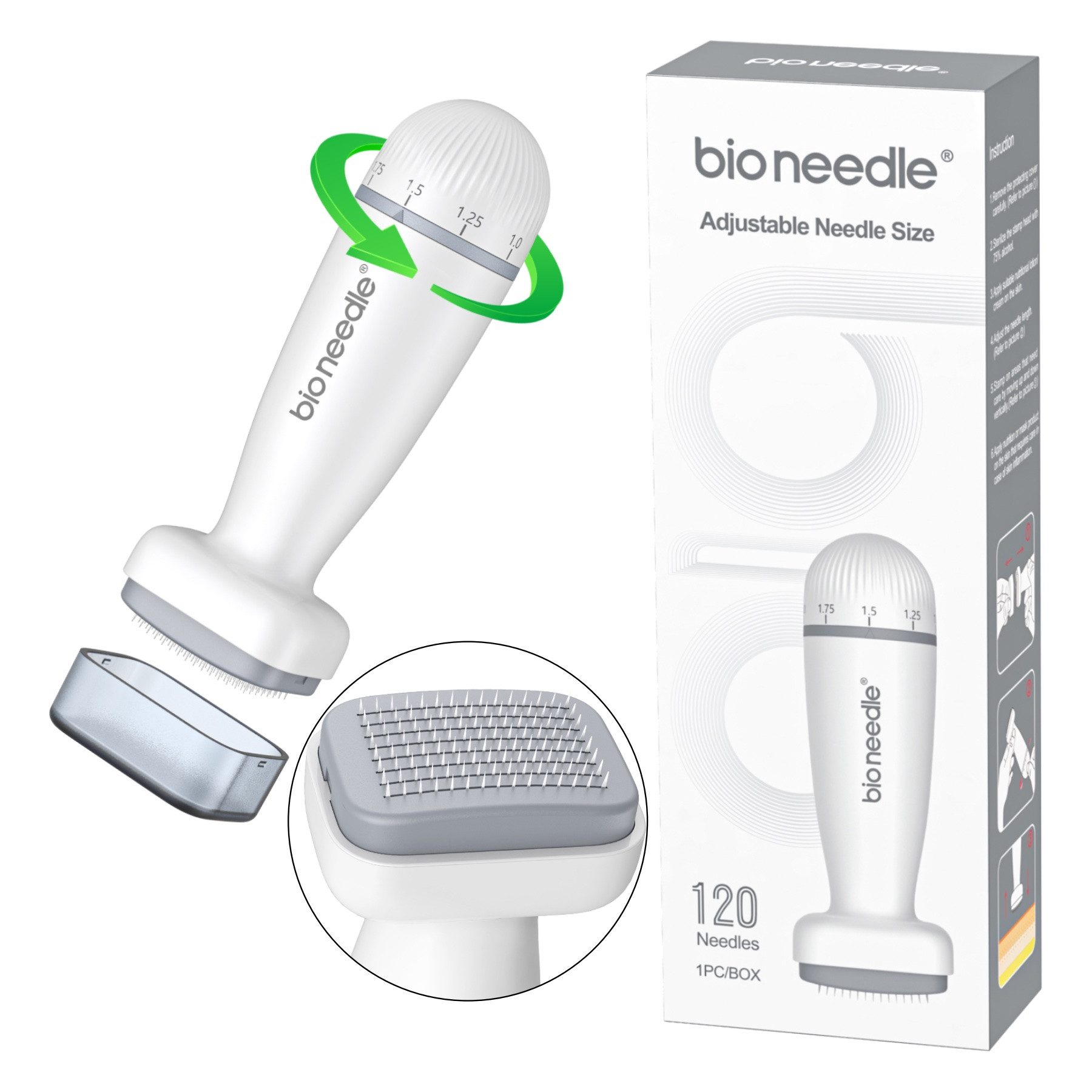 P-Beauty Cosmetic Accessories Micro-Needling Derma Stamp Dermapen Mesoroller 120 Edelstall Nadeln Länge 0-2mm, 1-tlg., Einstellbare Nadellänge, 120 feine Bio-Nadeln, Gezielte Anwendung