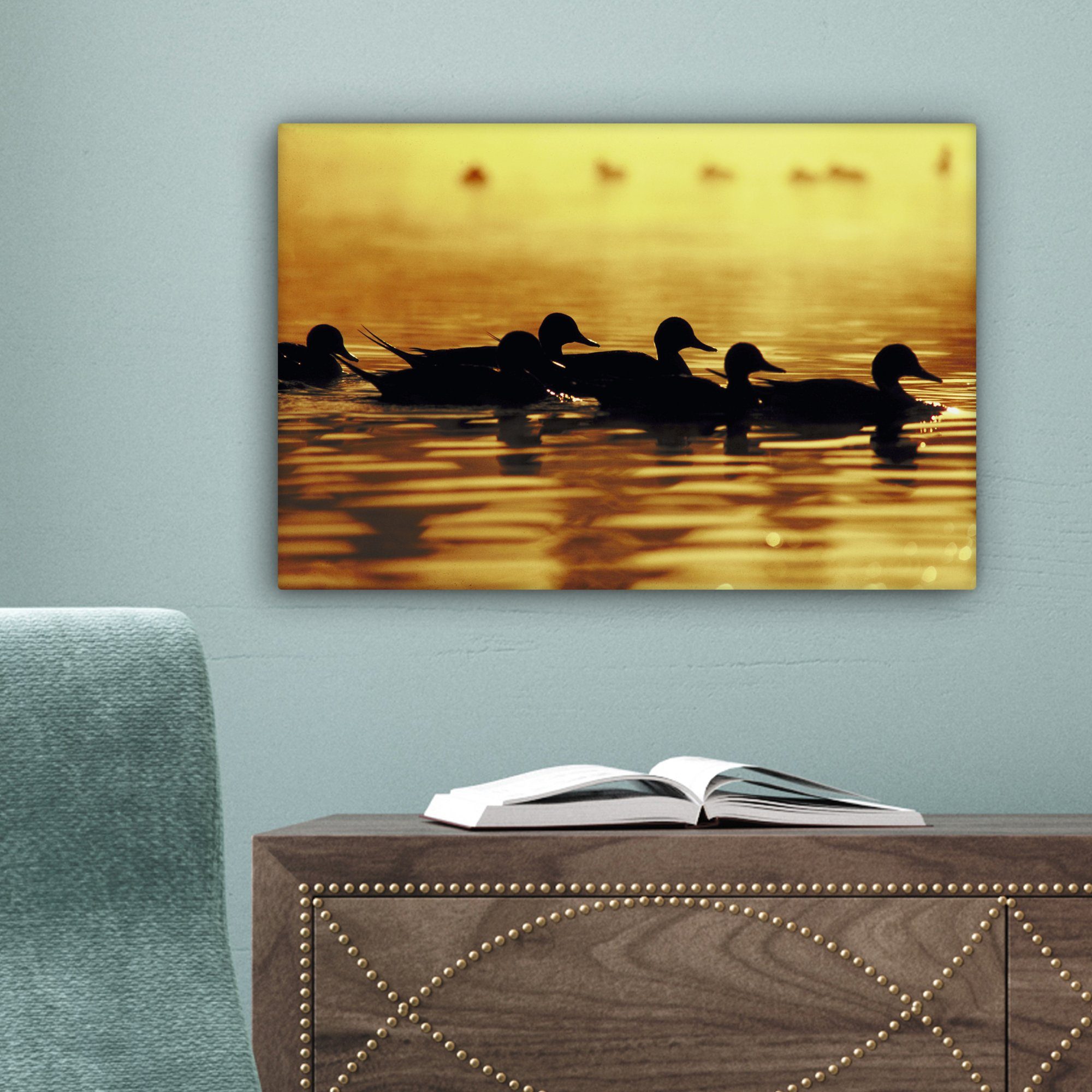 Wandbild Wasser Leinwandbild - Sonne, Leinwandbilder, Aufhängefertig, cm St), - 30x20 Wanddeko, OneMillionCanvasses® (1 Ente