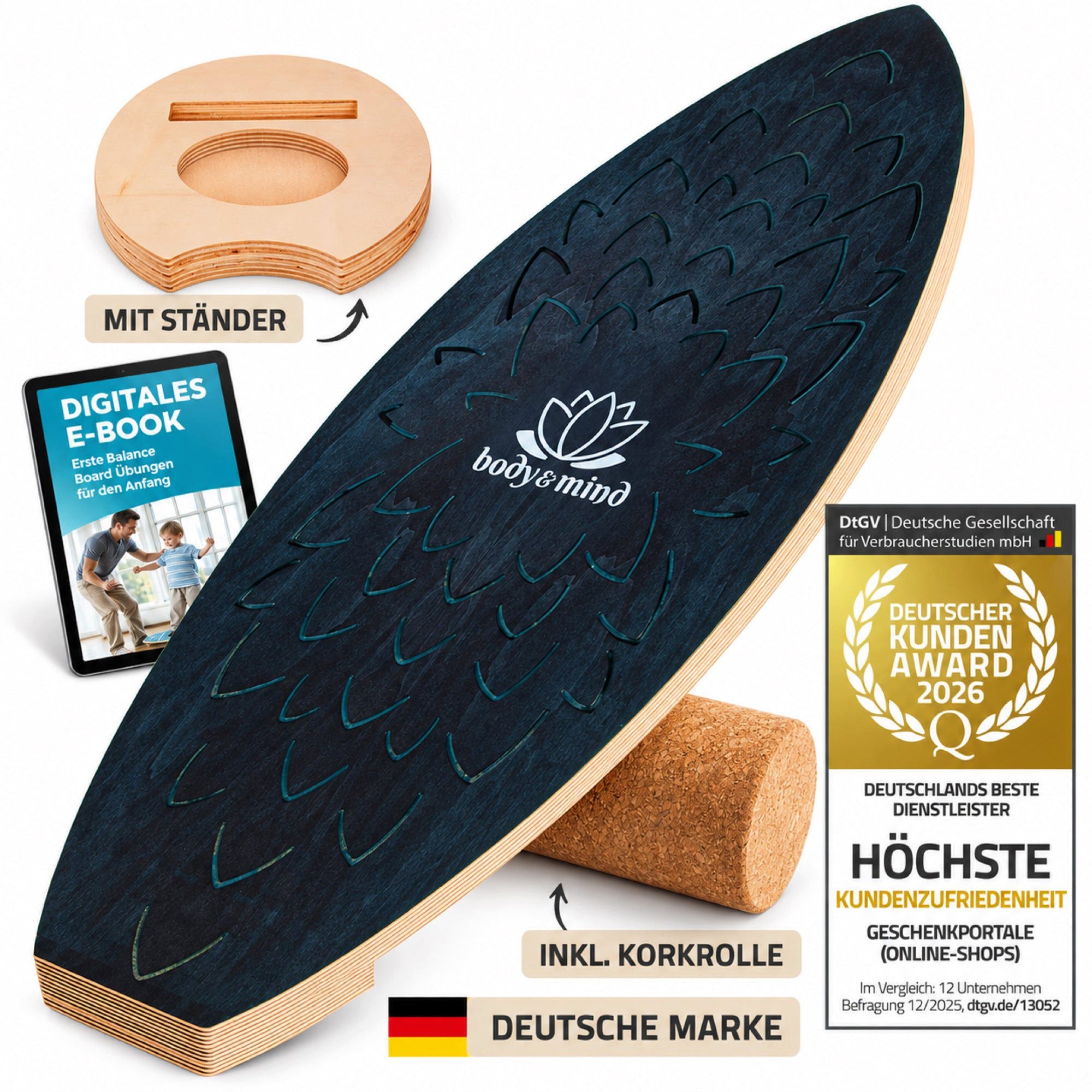 Body & Mind Balanceboard Surf Balance Board – Holz Wackelbrett mit Korkrolle + Ständer & E‑Book, Trainiert Gleichgewicht & Koordination
