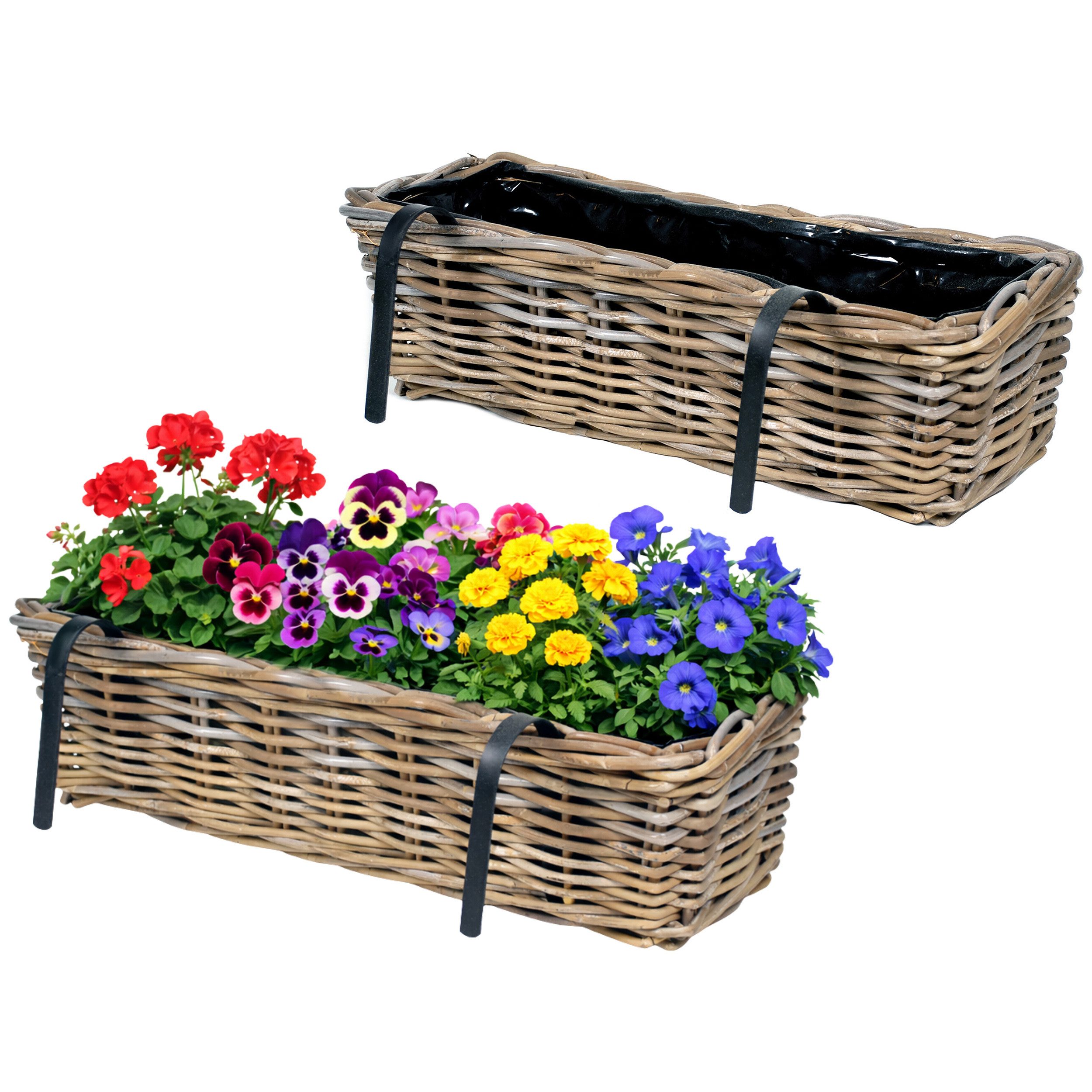 Annastore Balkonkasten Blumenkasten aus Weide Natur zum Einhängen Pflanzkasten mit Folie (2 St), Für Geländer bis 5,5 cm, Wetterfest