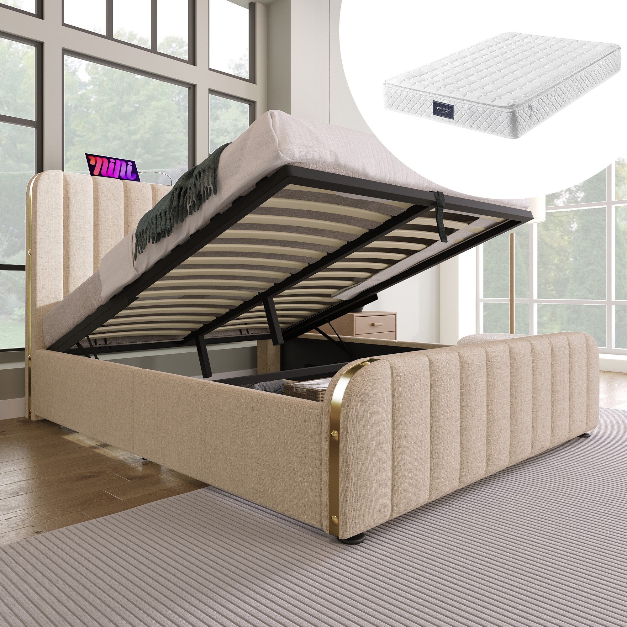 HAUSS SPOLE Polsterbett 160x200 cm, Hydraulisches Bett mit goldenen Zierstr günstig online kaufen