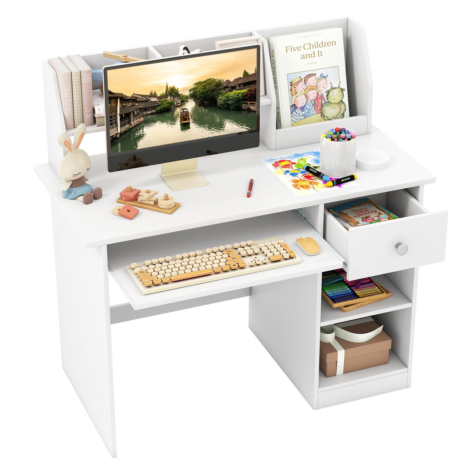 COSTWAY Kinderschreibtisch, mit Schublade, Bücherregal & Tastaturablage günstig online kaufen