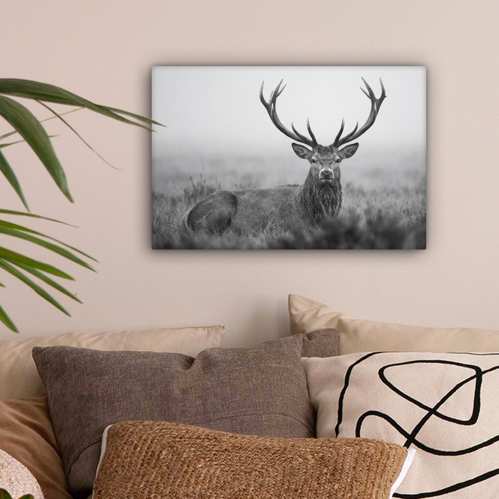 OneMillionCanvasses® Leinwandbild Hirsch - Neblig - Schwarz - Weiß, Fotodruck (1 St), Leinwand Bilder Klein, Wand Dekoration Aesthetic 30x20 cm