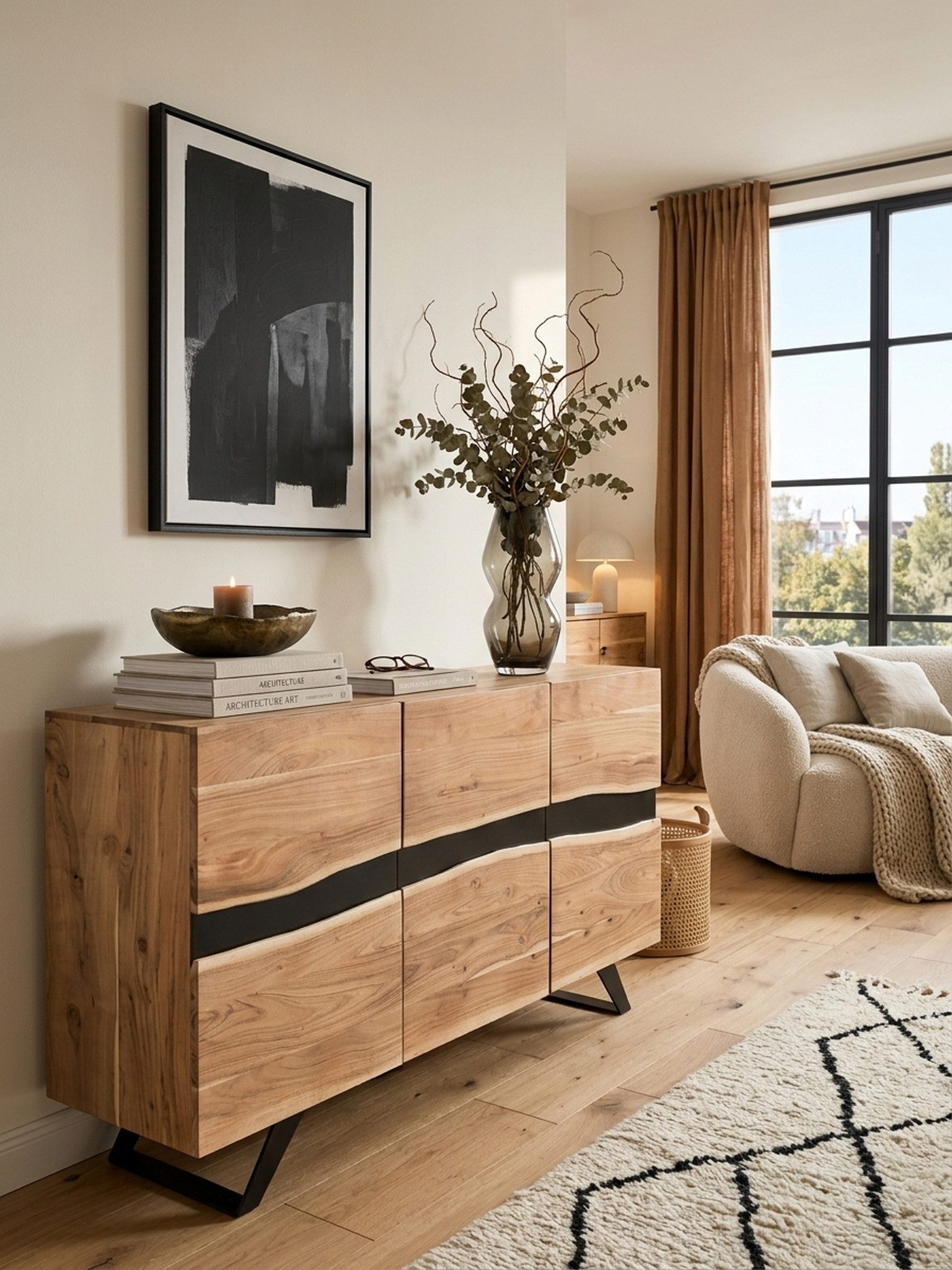 KADIMA DESIGN Kommode Sideboard 148 x 85 x 43 cm Massiv-Holz Akazie Natur Baumkante Anrichte (Flur Schrank Kommode), Landhaus-Stil Highboard mit 3 Türen