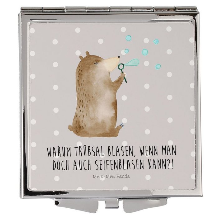 Mr. & Mrs. Panda Kosmetikspiegel Bär Seifenblasen - Grau Pastell - Geschenk Handtasche Quadrat Tedd (1-St)
