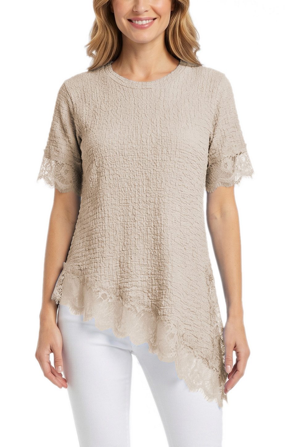 dy_mode Longtunika Damen Longshirt mit Spitzen Kurzarm Tunika in Knitter-Optik Oberteil in Unifarbe, Knitter-Optik, asymmetrisch mit Spitzen-Saum