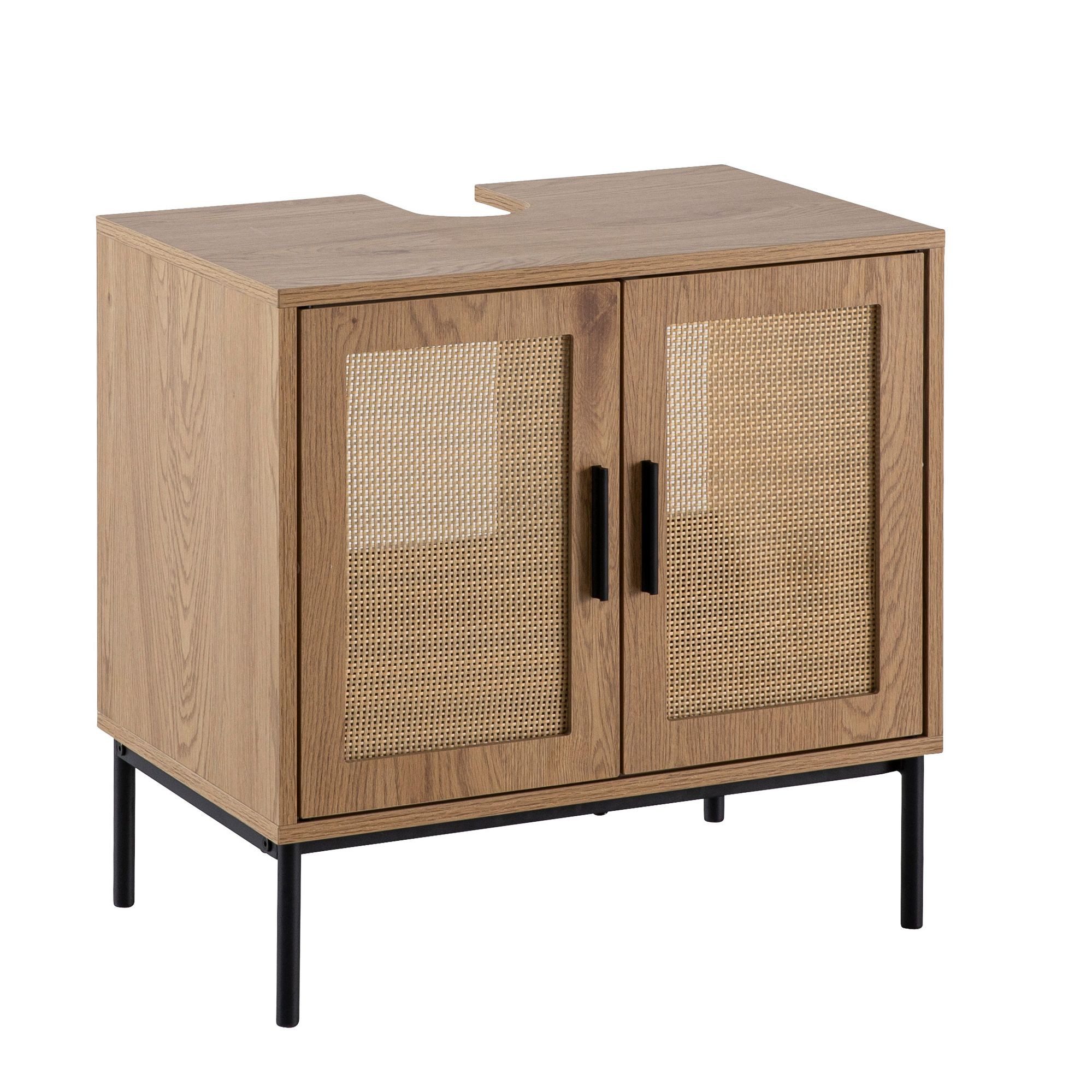KADIMA DESIGN Waschbeckenunterschrank Waschbeckenunterschrank Eiche-Optik 60x60x40 cm mit Türen, (Badschrank Midischrank Klein Waschtisch) Badezimmerschrank mit Rattangeflecht, Unterschrank Stehend