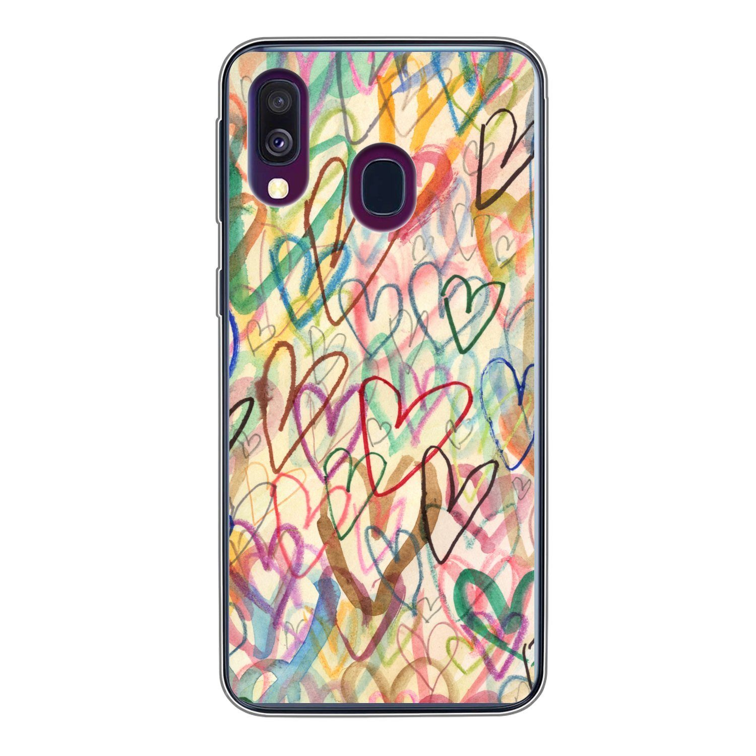 MuchoWow Handyhülle für Samsung Galaxy A40 Eine Illustration mit Herzen im Hintergrund, Smartphone-Bumper, Print, Handy Schutzhülle Dünn