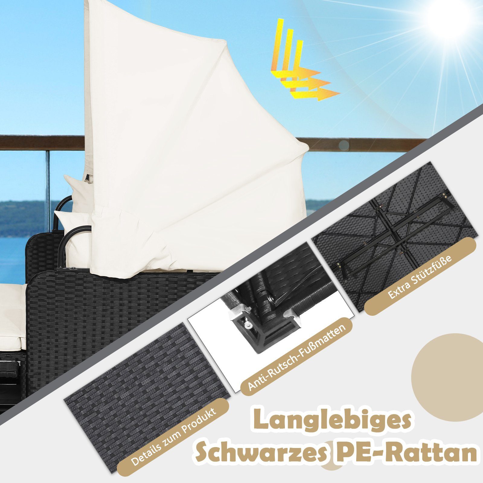 COSTWAY Loungebett, Rattan, 2-Personen, mit einziehbarem Sonnendach, Kissen