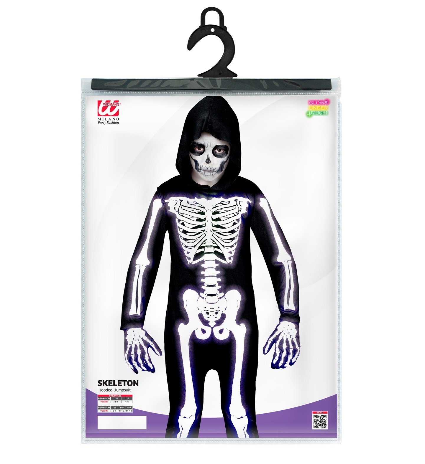 Widmann S.r.l. Hexen-Kostüm Halloween UV Skelett Kinderkostüm, Schwarz Weiß