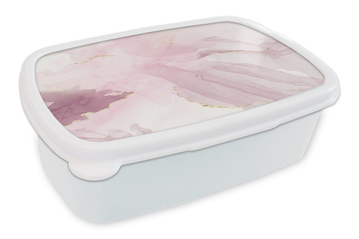MuchoWow Lunchbox Marmor - weiß Brotbox für (2-tlg), Erwachsene, für Mädchen Kinder - Jungs Brotdose, Lila und Gold, Kunststoff, und