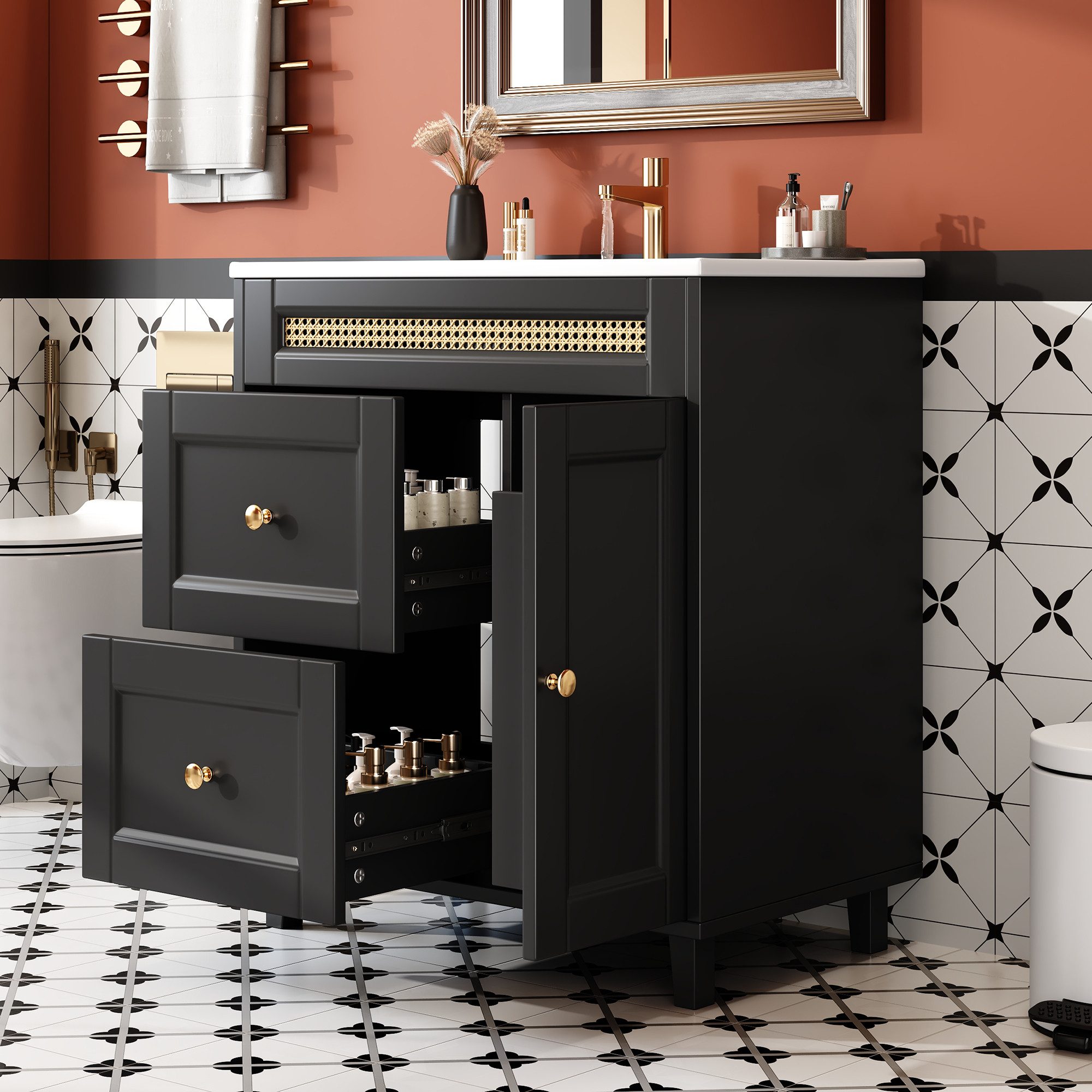 STILVORA Waschtisch Badezimmerwaschtisch mit Soft-Close-Funktion und Keramikwaschbecken (Badschrank mit geräuschlose Schubladenschienen, goldene Griffe und Rattanverzierungen), mit Einteiligen Keramik-Waschbecken