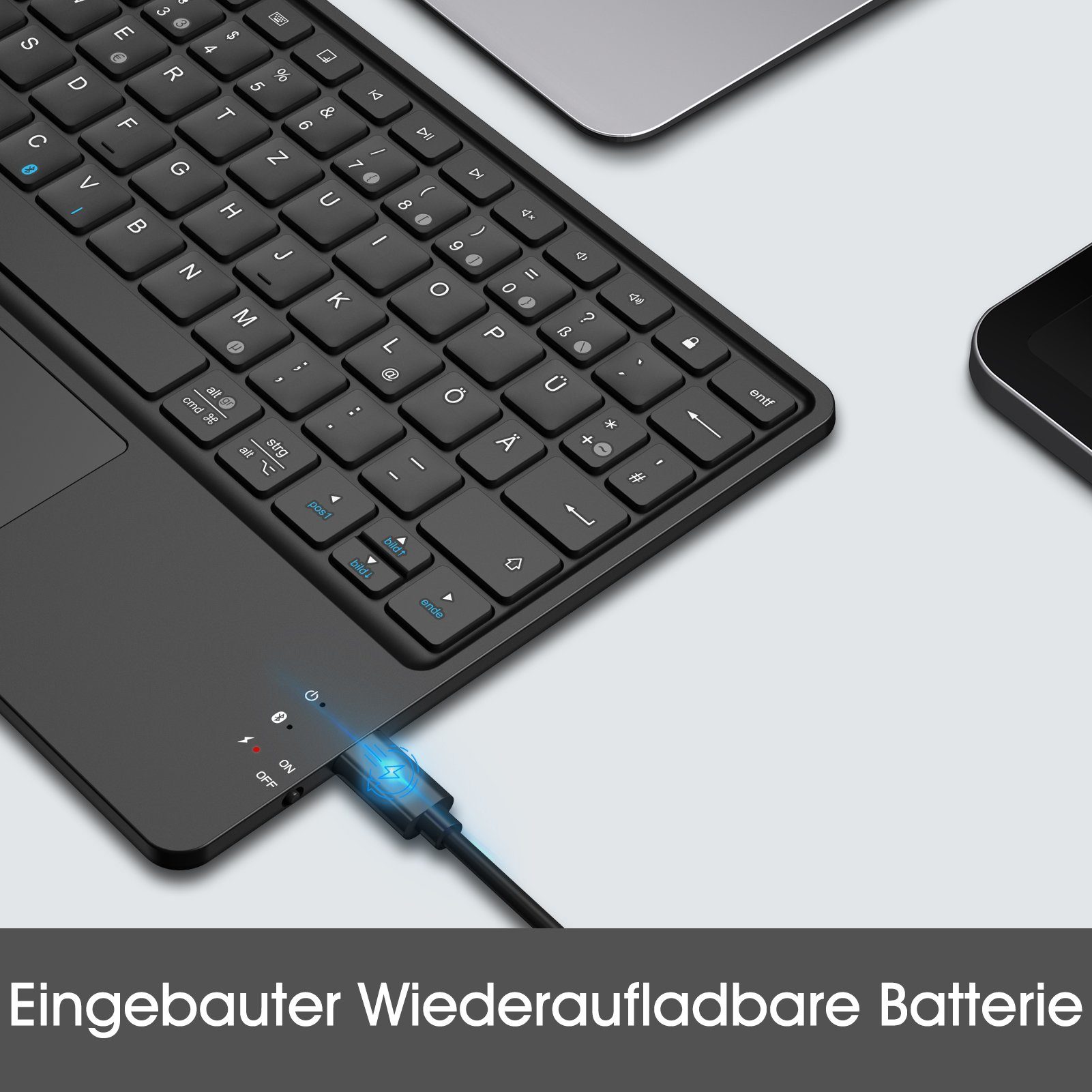 Deutsch Tablets, Android-Tablets) iPad, Fintie Bluetooth Kabellose mit Tablet-Tastatur Tastatur Touchpad, Layout Smartphone, Samsung, iPhone, Tastatur Schwarz (für Lenovo