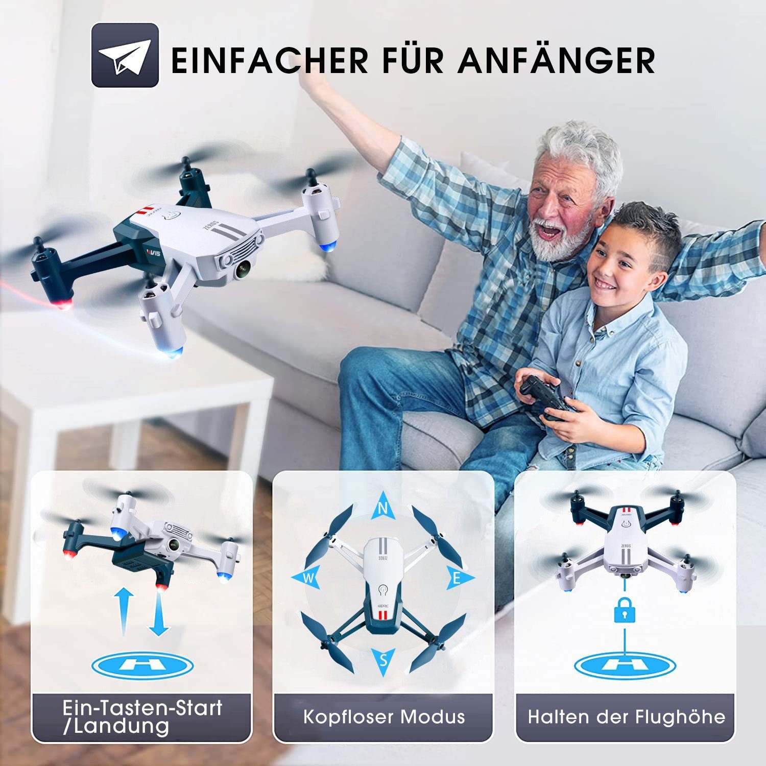 für FPV-Live-Video, automatischer 4DRC Quadcopter Blau & (1080P Anfänger, Kinder klappbarer HD, Schwebeflug) Spielzeug-Drohne