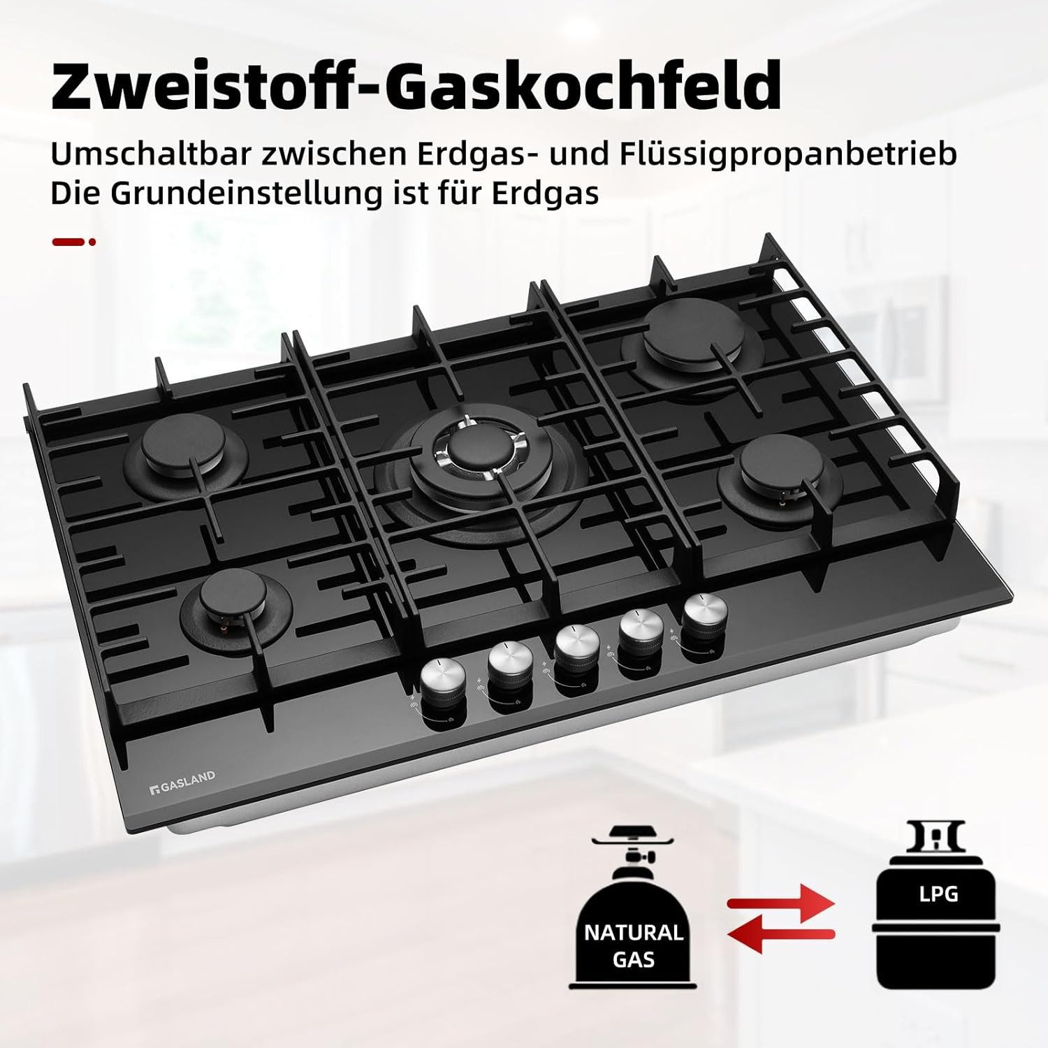 GASLAND Gas-Kochfeld GH2805BG1FC, 5-flammiges Gas-Kochfeld mit Wok, 76 cm, 10400 W, LPG/Erdgas, Schwarz – Bild 4 von 5