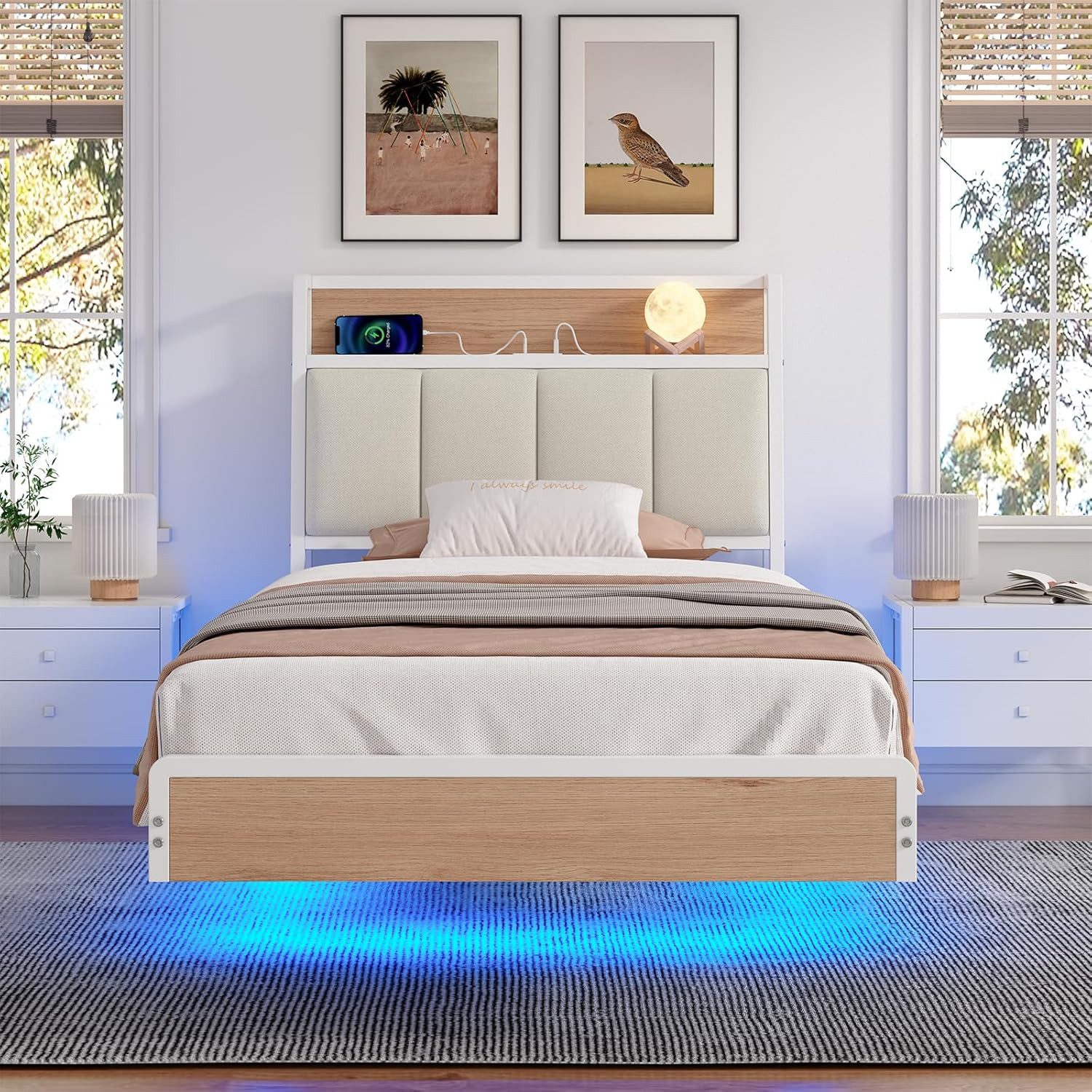 KIMENICH Polsterbett mit USB Ladefunktion und LED-Beleuchtung, Schwebender visueller Effekt (1-tlg., Ohne Matratze), Jugendbett Bettgestell 90x200cm – Bild 3 von 5
