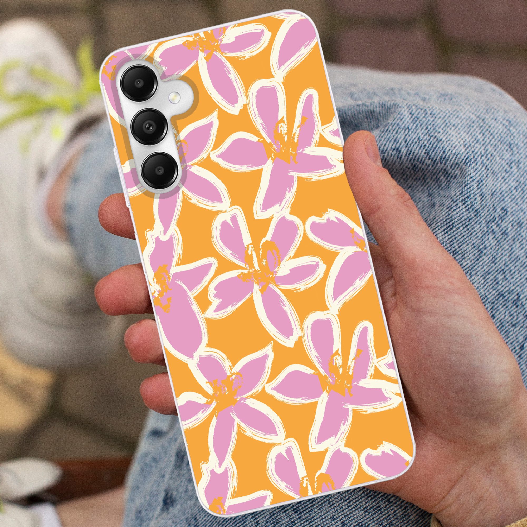 MuchoWow Handyhülle für Samsung Galaxy A05s Blumen - Muster - Rosa - Orange, Smartphone-Bumper, Print, Handy Schutzhülle Dünn