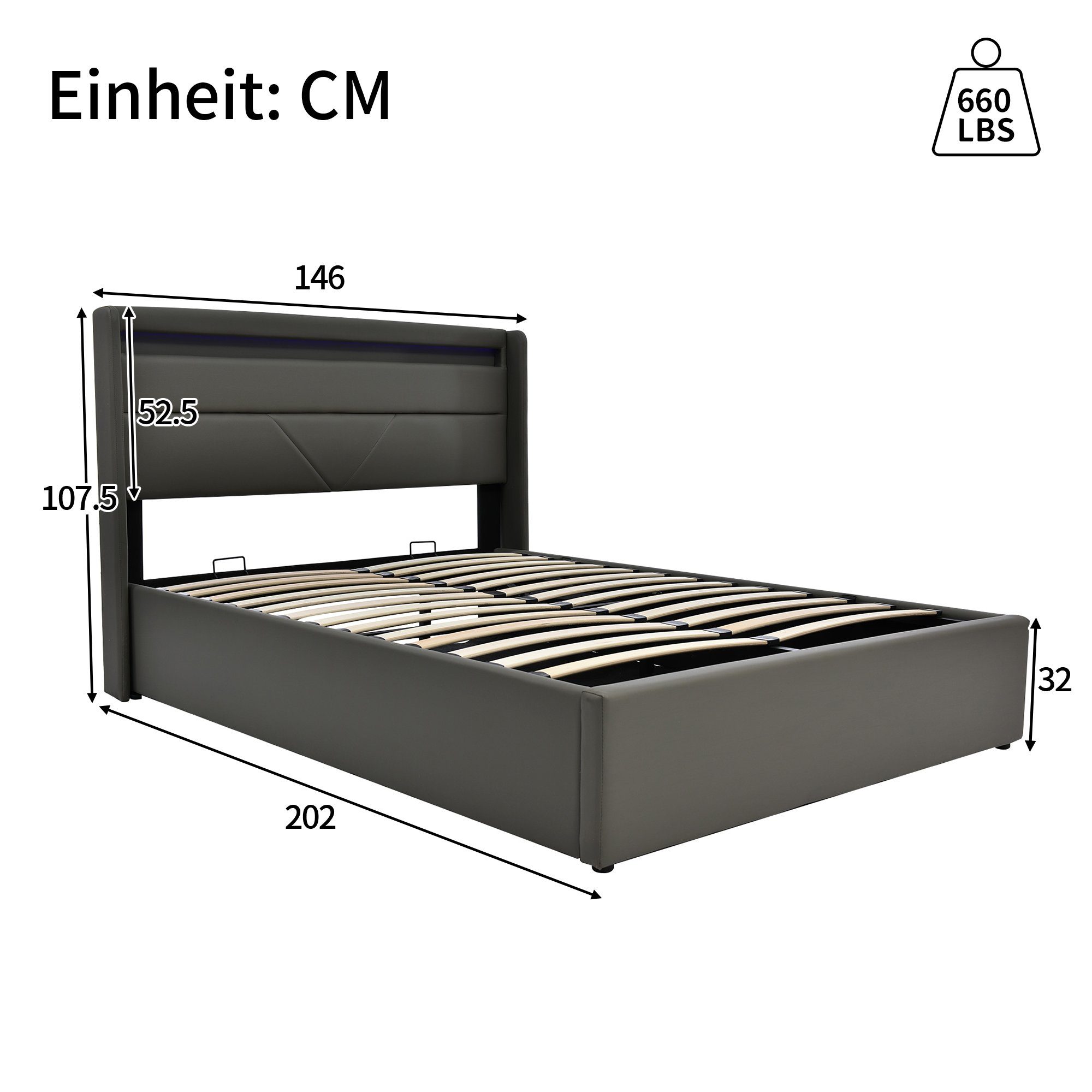 (140x200cm Hydraulisch Polsterbett Matratze), WISHDOR Stauraumbett Bett LED-Beleuchtungsleist, Grau mit Mit Funktionsbet Doppelbett