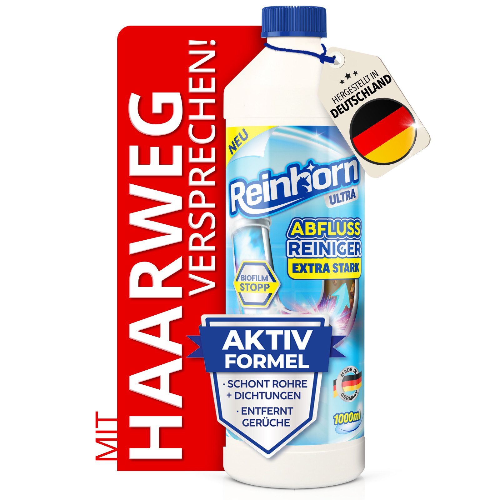 Reinhorn Abflussreiniger Rohrreiniger Stark Premium Sofort Frei löst Haare auf Rohrreiniger (löst Haare 100% auf, [- Extra Stark mit Biofilm Stopp und Sofort Frei Aktivformel)