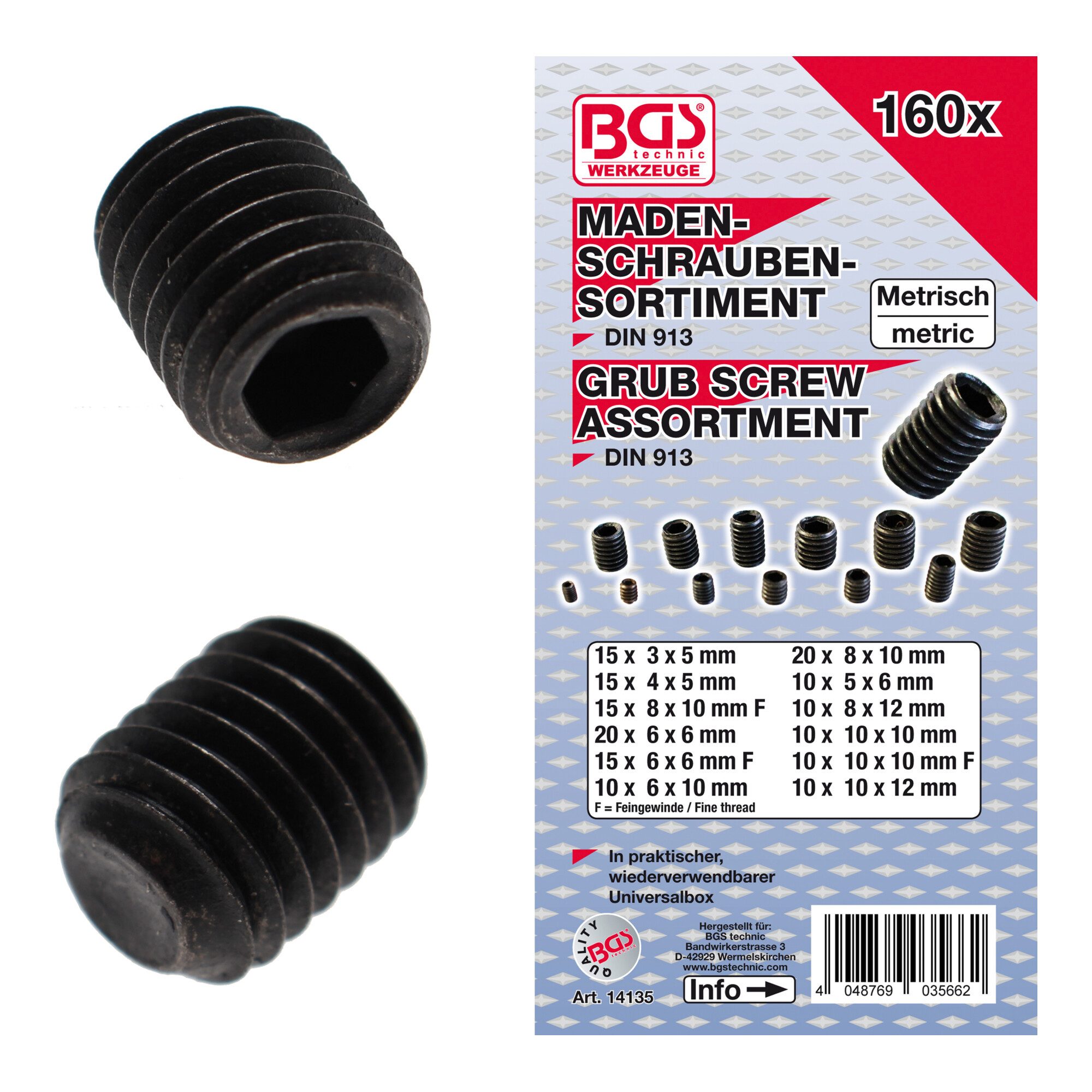 BGS technic Schraube BGS Madenschrauben-Sortiment 14135, 160-tlg.