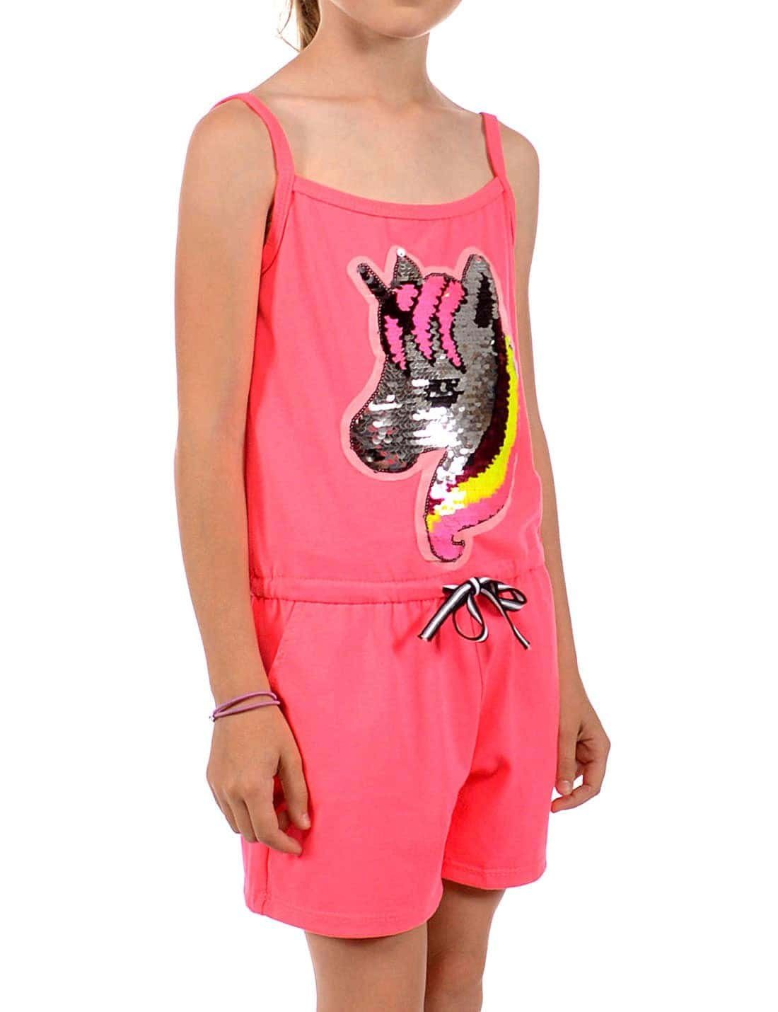 KMISSO Jumpsuit Mädchen Jumpsuit kurz Wendepailletten Einhorn (1-tlg) elastischer Bund Neon Pink