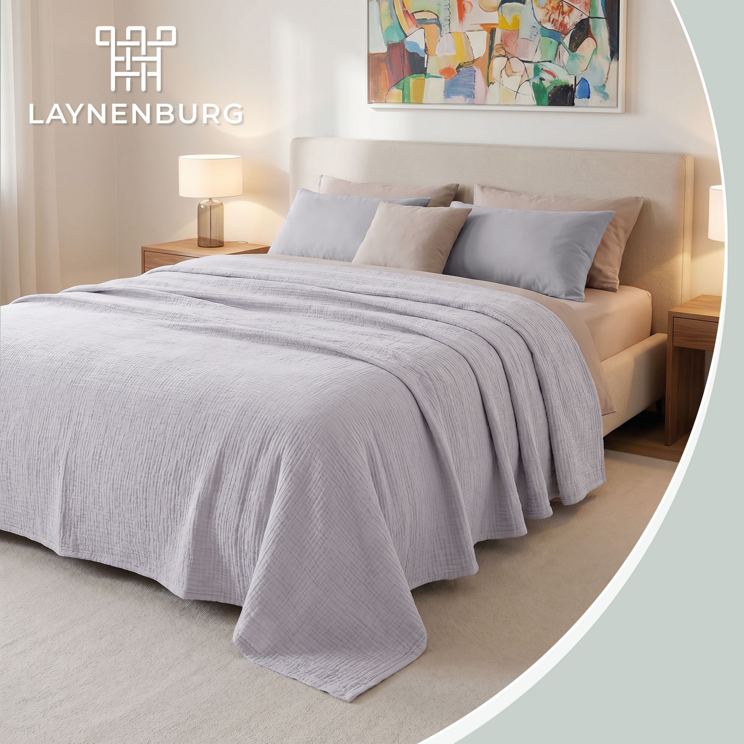 Laynenburg Tagesdecke Musselin aus 100% Baumwolle – Baumwolldecke, Kuscheldecke, Wohndecke als Sommerdecke, Bett-Überwurf, Couch-Überwurf, Sofa-Decke – Bild 2 von 5