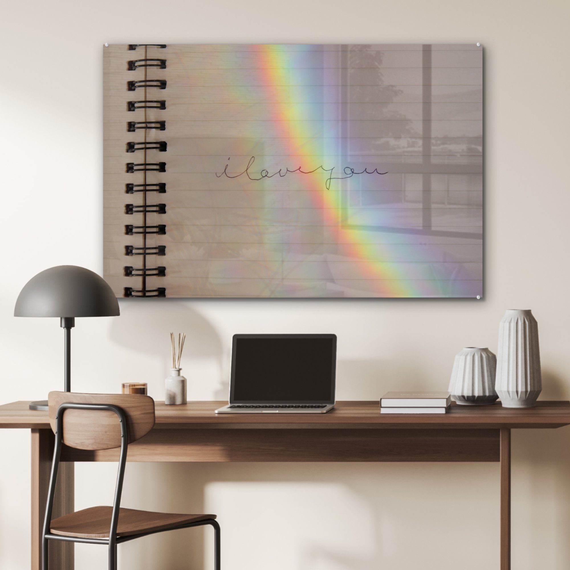 MuchoWow Acrylglasbild Ich liebe dich einem Acrylglasbilder mit Regenbogen, in Wohnzimmer Notizbuch (1 & einem St), Schlafzimmer
