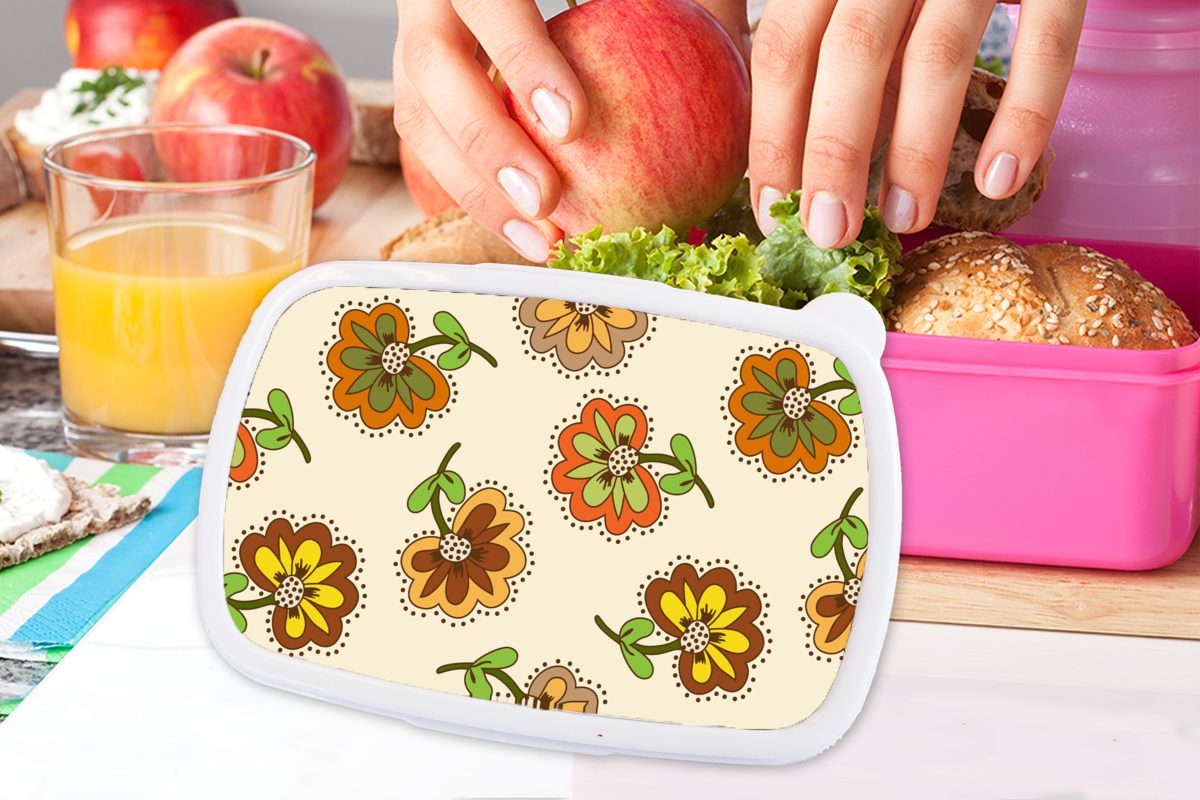 - Kunststoff - Lunchbox (2-tlg), für Retro Design - Mädchen, MuchoWow rosa Blumen Brotbox Kinder, Vintage, Snackbox, Brotdose Erwachsene, Kunststoff,