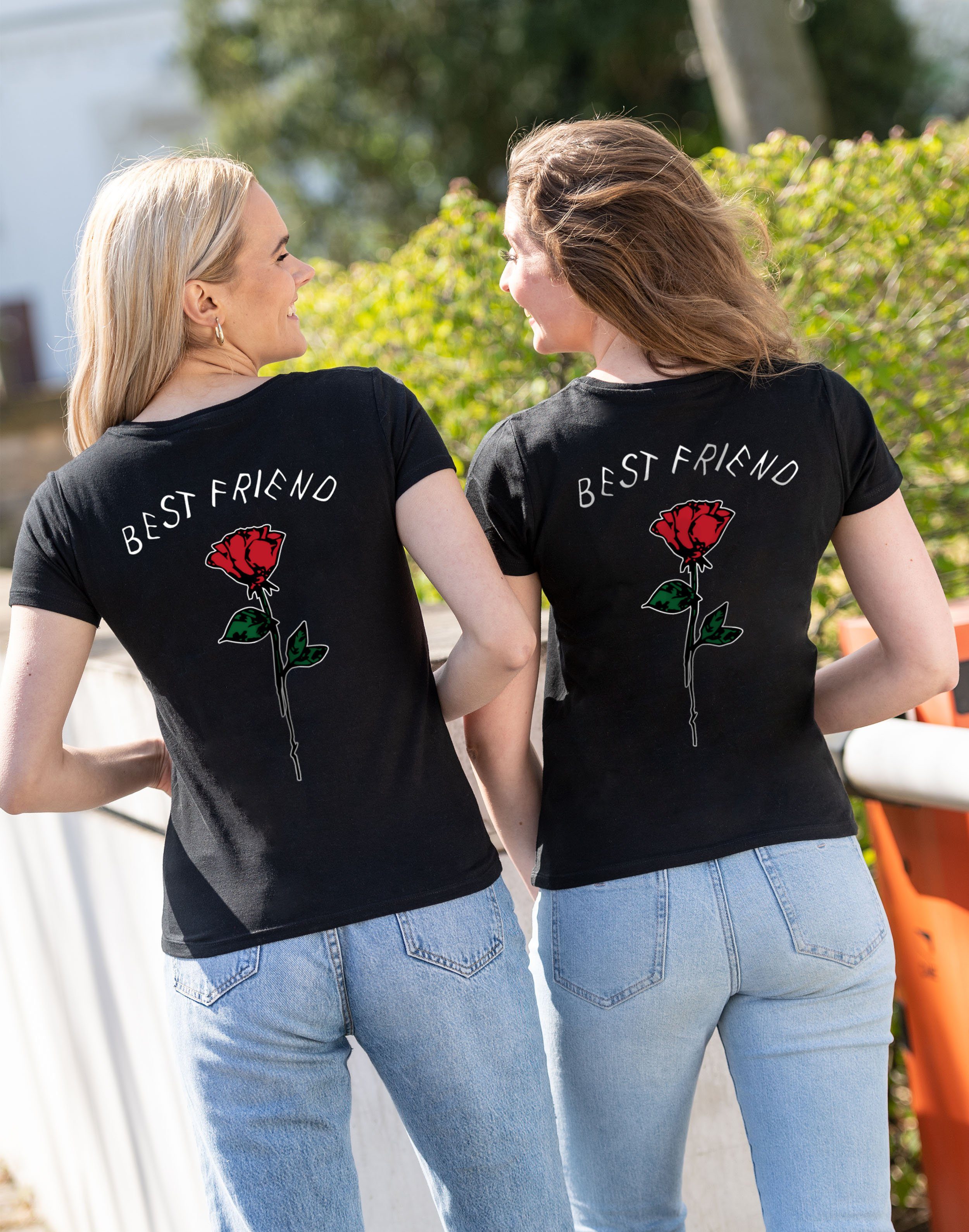 Couples Shop T-Shirt Best Friends T-Shirt Beste modischem Schwarz Sister Rose mit Print Freundin
