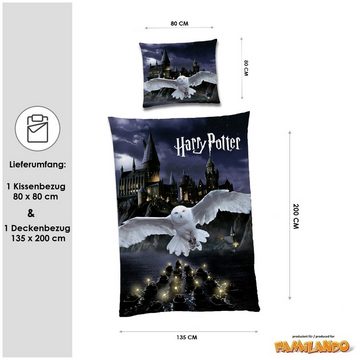 Jugendbettwäsche Harry Potter Eule 135x200 + 80x80 cm aus 100% Baumwolle, Familando, Renforcé, 2 teilig, mit Eule Hedwig und Hogwarts