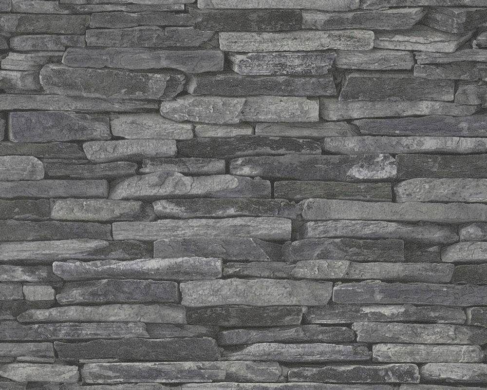 auf Grau living walls anbringen Vliestapete einfach Steinoptik, Best / Modern Tapete Wand Kleister Stein 2nd zu Leicht Stone Wood`n verarbeiten der of Schwarz, Edition,