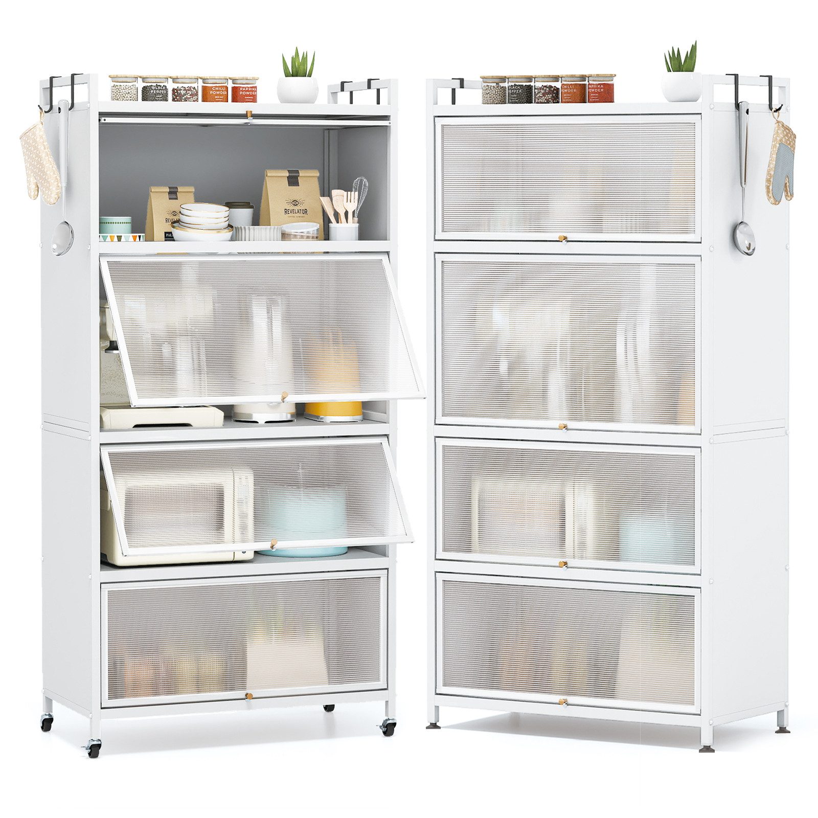 COSTWAY Vorratsschrank Küchenschrank hoch mit Rollen, PC-Klapptüren & 4 Hak günstig online kaufen