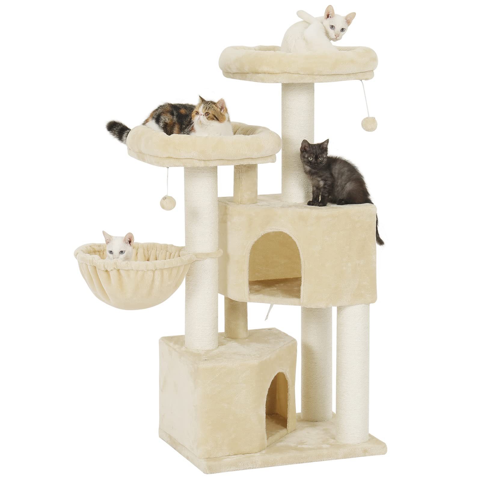 MSMASK Kratzbaum groß für Katzen stabil mit Sisal-Kratzstangen, 2 Aussichtsplattform