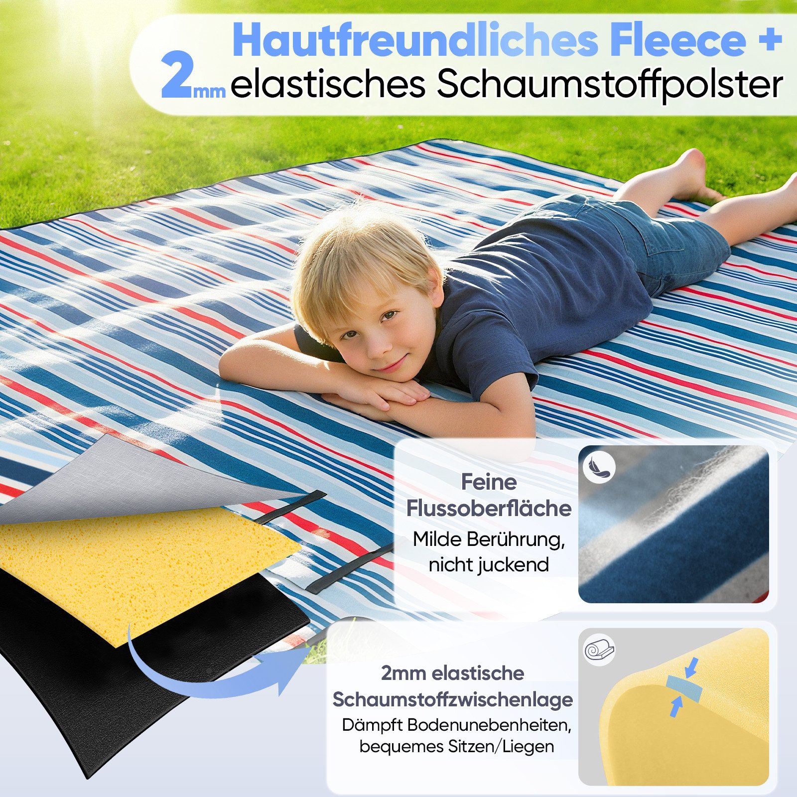 Picknickdecke XXL Picknickdecke 200x200 cm Wasserdicht, Faltbare Campingdecke Fleece, Sekey, aus Drei Lagen, Stranddecke 4 bis 6 Personen mit tragbarem Griff