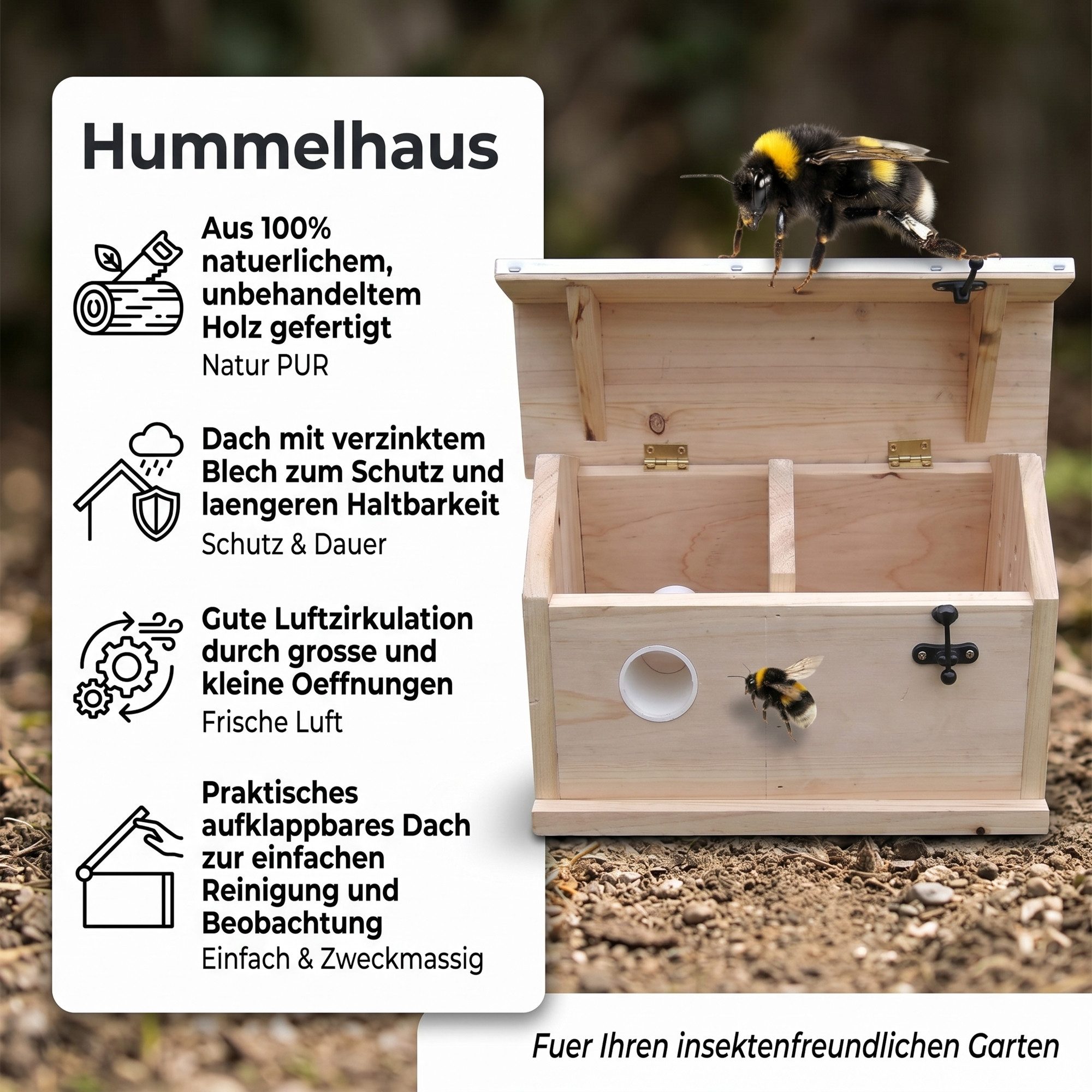 Mucola Nistkasten Hummelhaus Hummelkasten Nistkasten Insektenhaus Haus Insektenhotel XXL, Chinesische Fichte