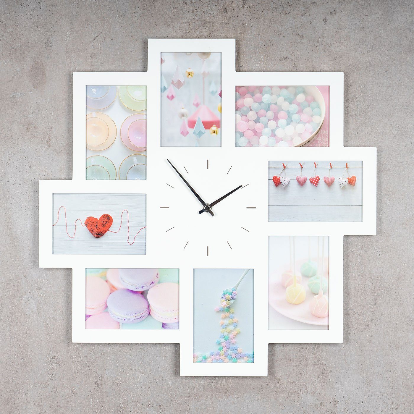 Levandeo® Bilderrahmen Collage, Wanduhr Weiß 52x52cm Holz Bilderrahmen 8 Fo günstig online kaufen