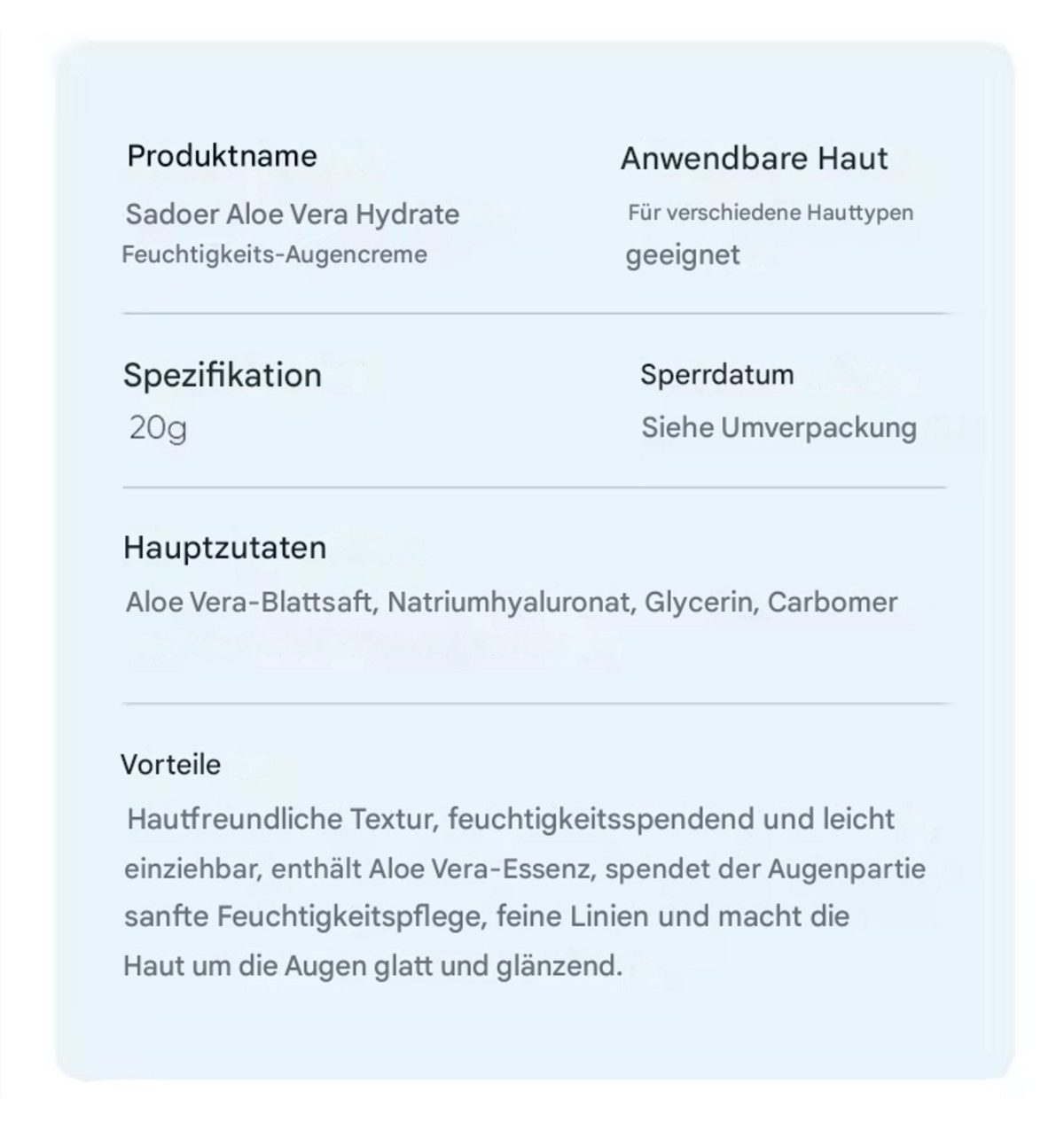 Montegoni Augencreme Aloe Vera Augencreme gegen dunkle Augenringe & Schwellungen, 1-tlg., Feuchtigkeitsspender, hochdosierte Anti-Falten-Wirkung