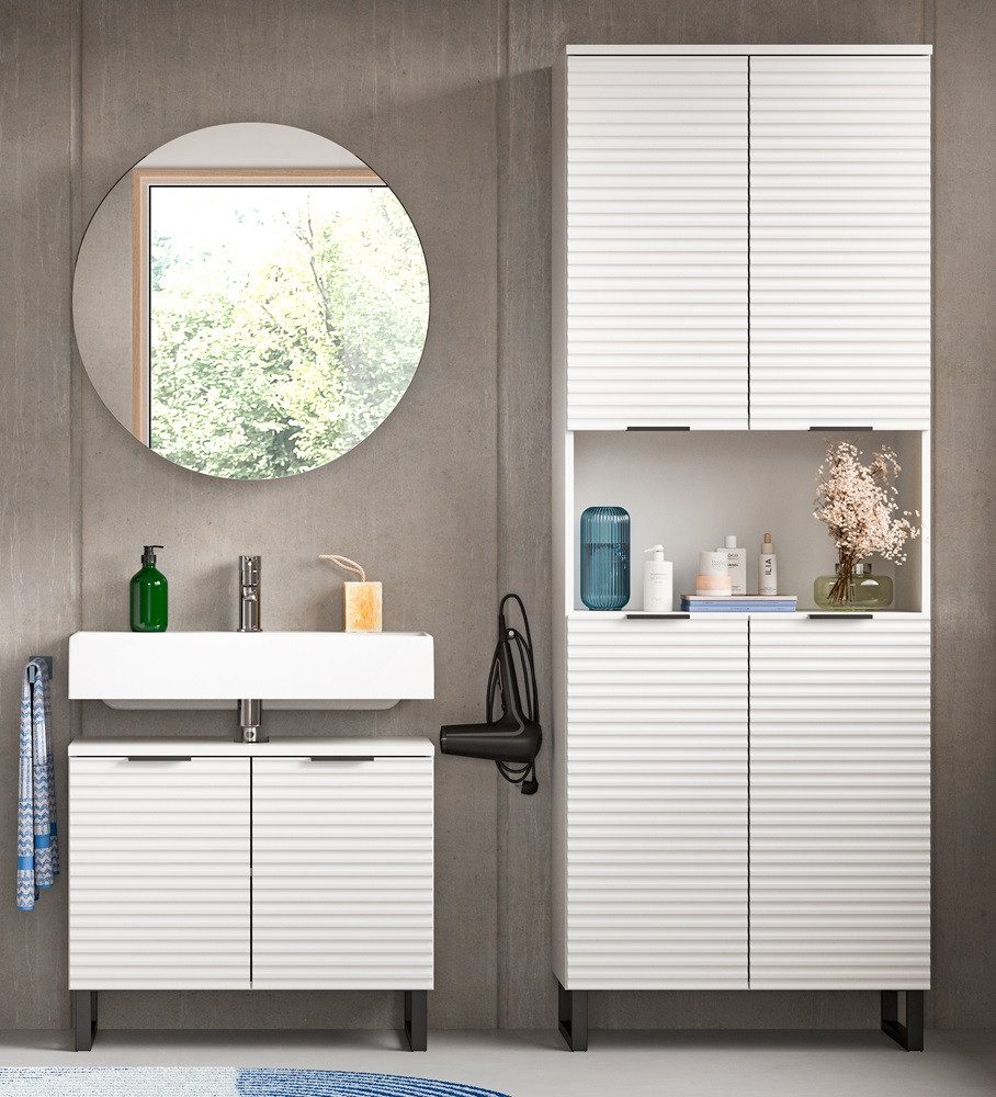 xonox.home Badmöbel-Set Badezimmer-Set Riff, weiß, 3-teilig ohne Beleuchtung, (3-St), 3-teilige Badkombination