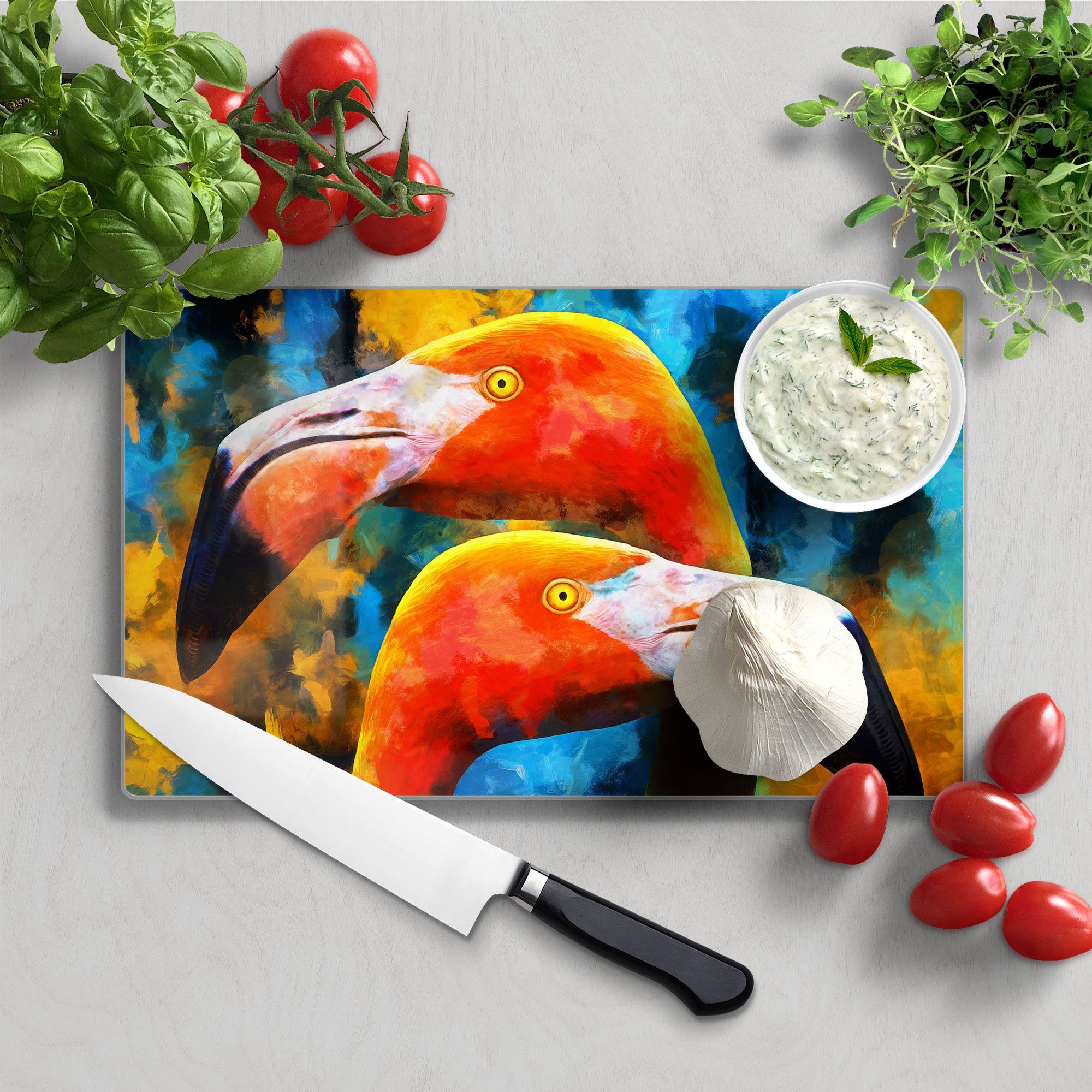 Farbenspiel', 'Flamingos Frühstücksbrett Platte vor Schneidebrett DEQORI Schneideplatte Glas,