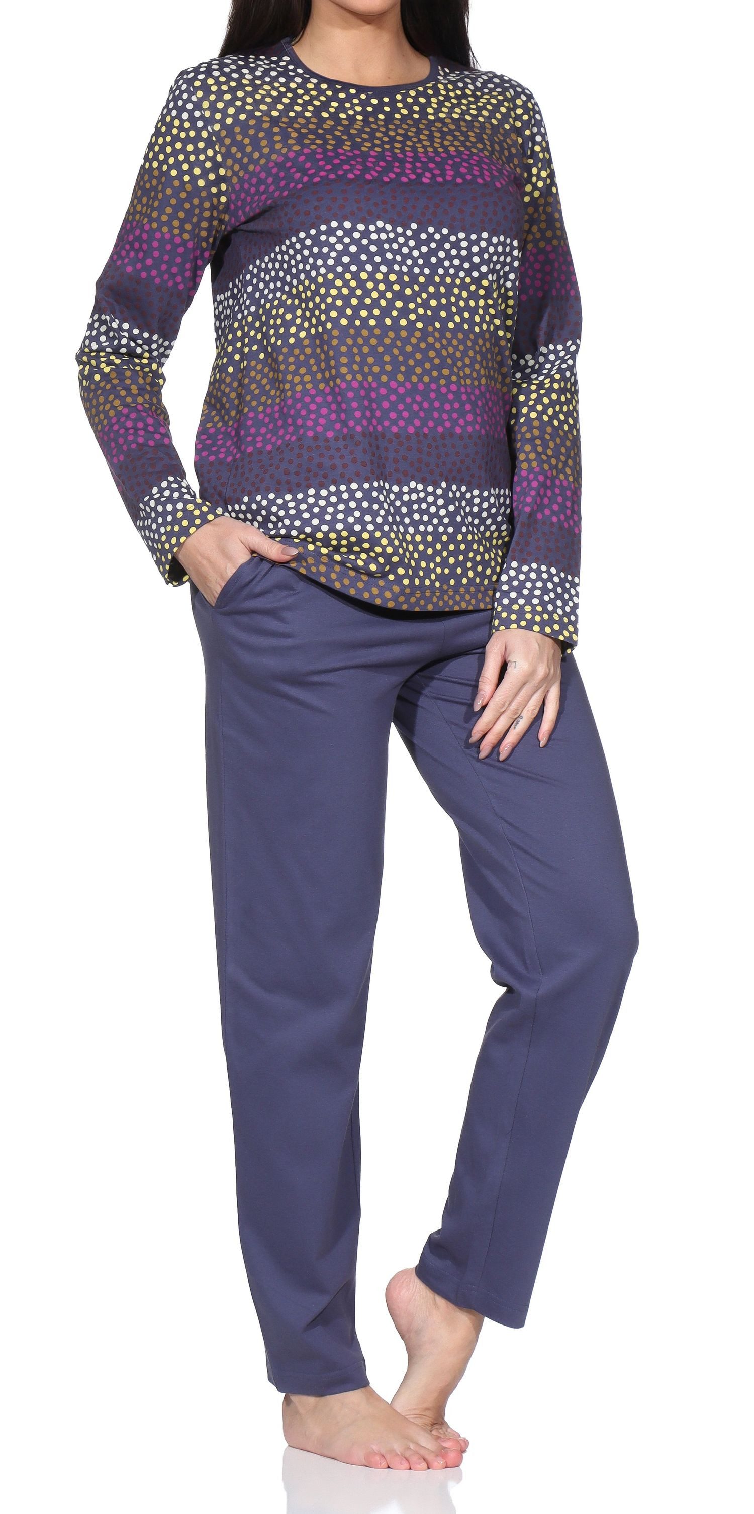 Normann Pyjama Normann Damen langarm Schlafanzug Pyjama in Streifen Punkte Optik – Bild 3 von 5