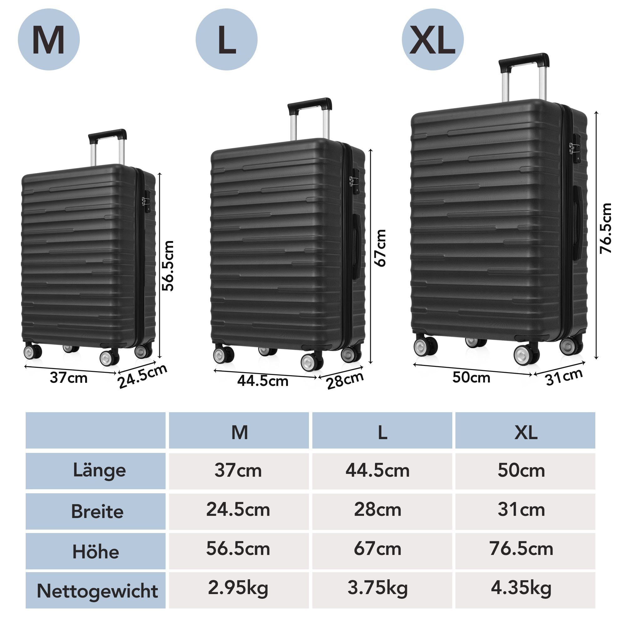 Merax Hartschalen-Trolley aus ABS mit TSA-Zahlenschloss und 4 Doppelrollen, Reisekoffer, Trolleyset, Hartschalenkoffer, 3 Teilig Kofferset