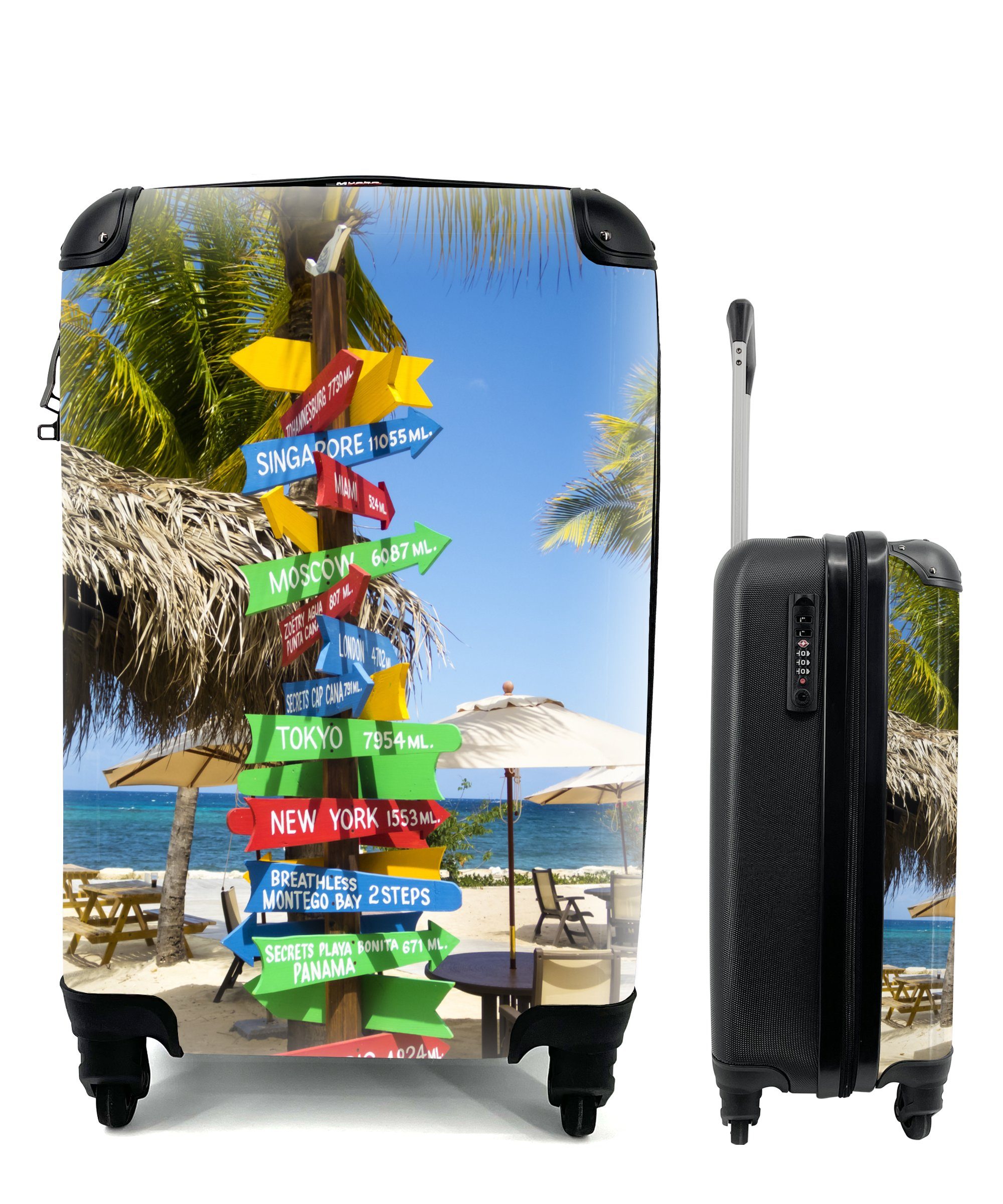 MuchoWow Handgepäckkoffer Farbiger Wegweiser mit Weltstädten am Strand in Jamaika, 4 Rollen, Reisetasche mit rollen, Handgepäck für Ferien, Trolley, Reisekoffer