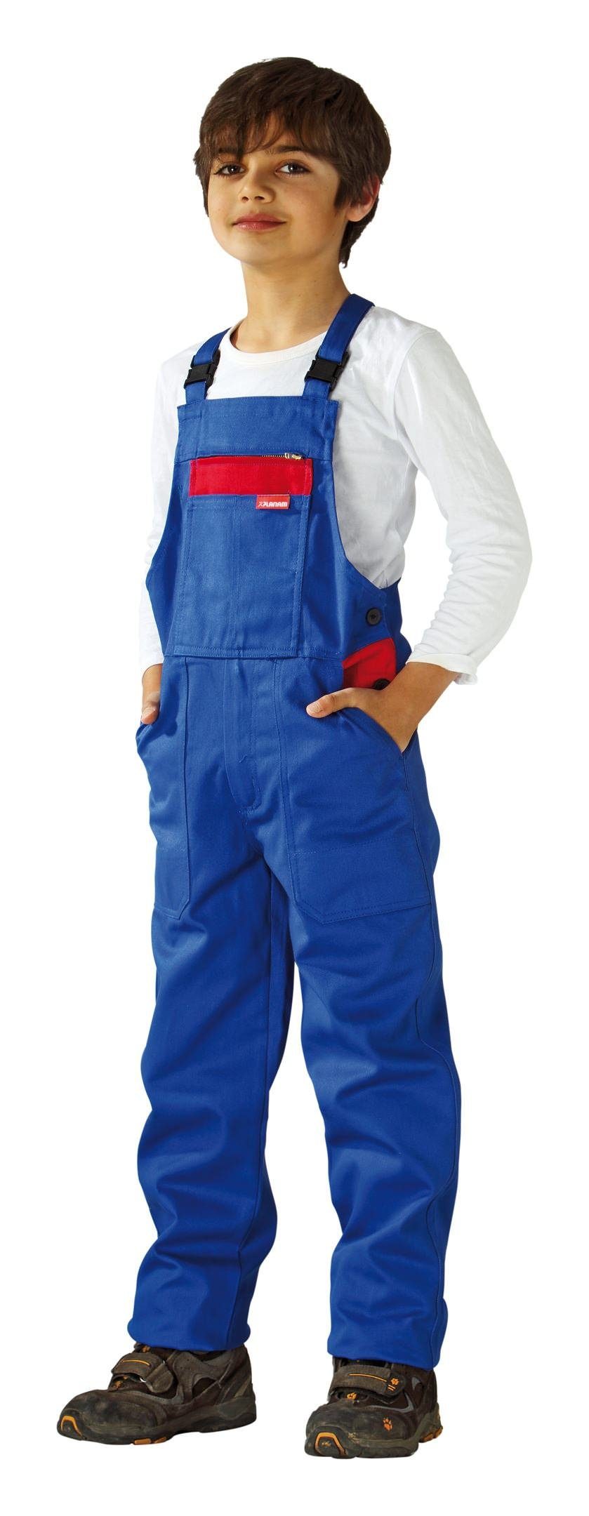 Planam Latzhose Kinderlatzhose 100% Baumwolle 294 g/qm Größe 158 / 164 kornblau / rot